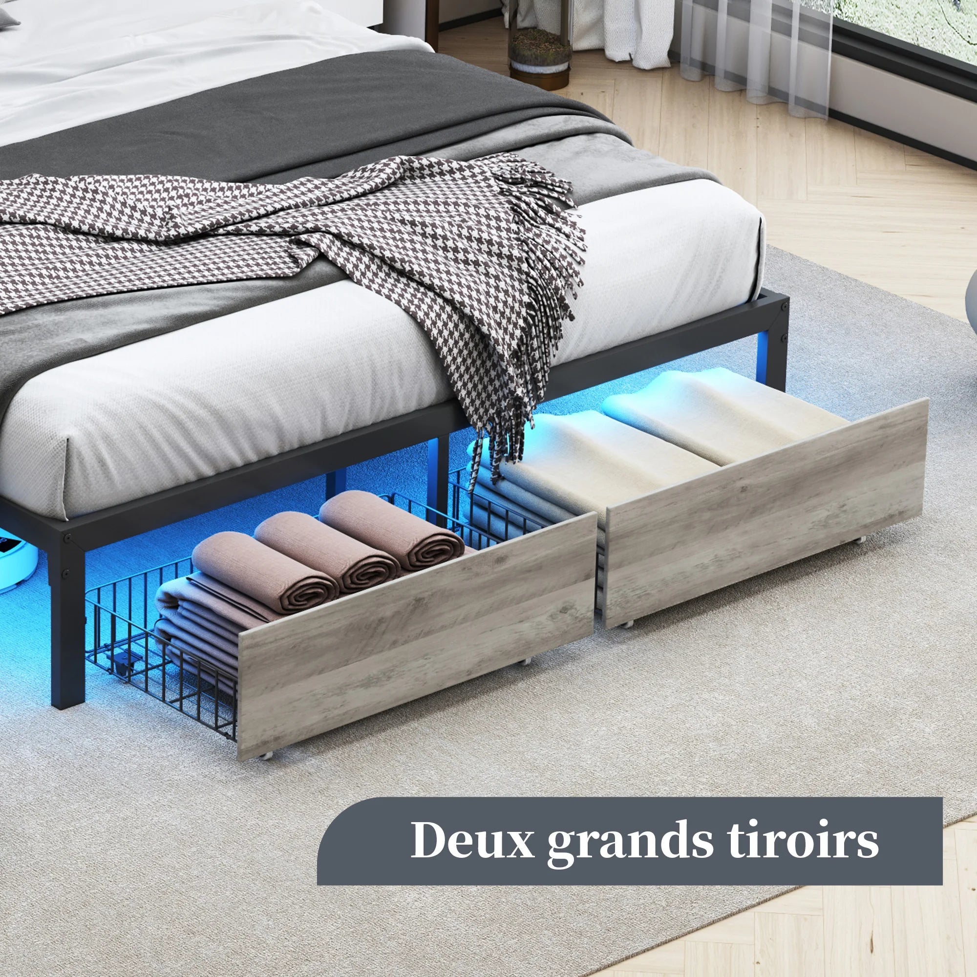 Gestoffeerd Tweepersoonsbed met Lade‑Opbergruimte, LED‑Verlichting en USB‑Oplaadpoort – 140/160/180 × 200 cm