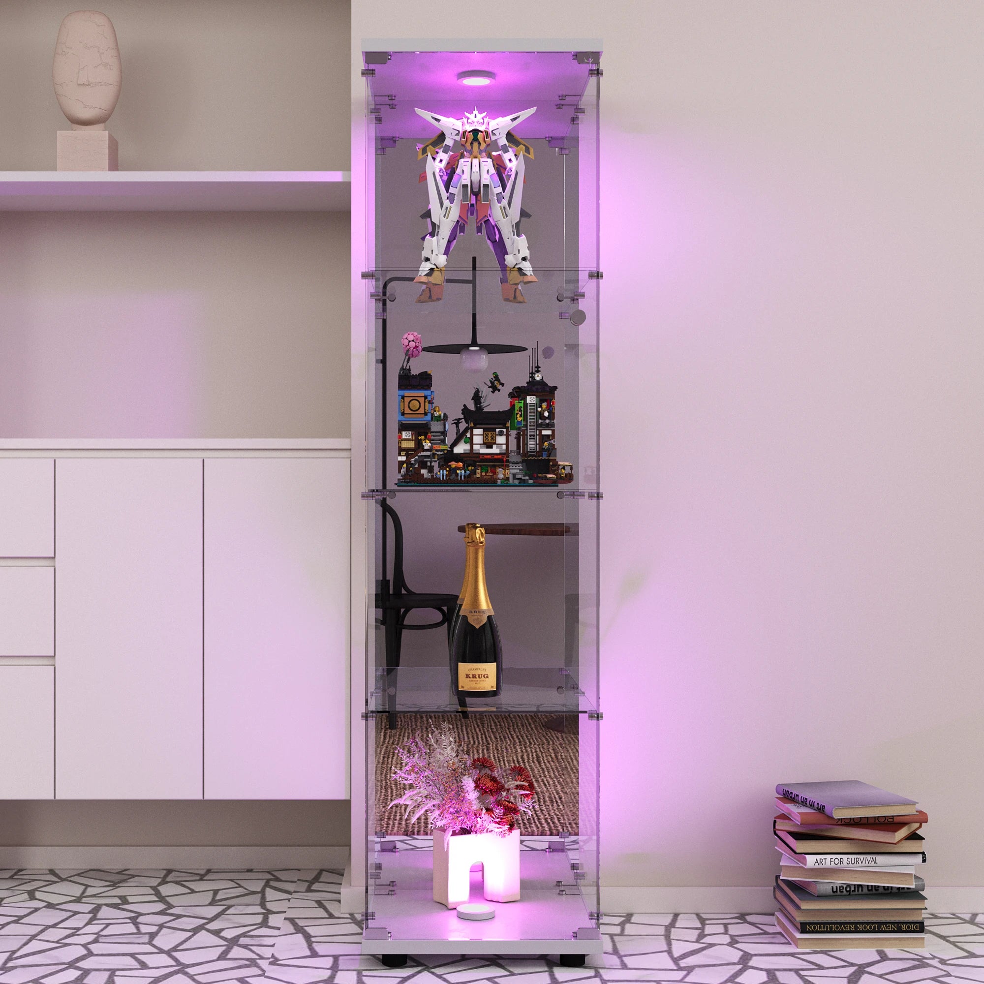 Staande LED Vitrinekast met 4 Niveaus – Moderne Displaykast voor Woonkamer & Slaapkamer