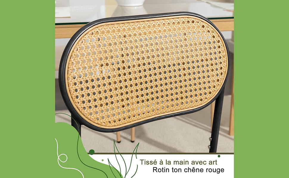 Retro Eetkamerstoelen Set van 2 met Rieten Rugleuning – Comfortabele Gestoffeerde Zitting, Stevig IJzeren Frame, Antislipvoetjes – Voor Keuken, Eetkamer & Terras