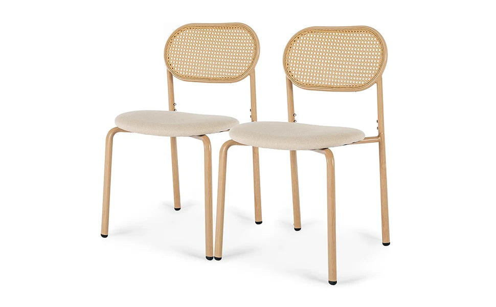 Retro Eetkamerstoelen Set van 2 met Rieten Rugleuning – Comfortabele Gestoffeerde Zitting, Stevig IJzeren Frame, Antislipvoetjes – Voor Keuken, Eetkamer & Terras