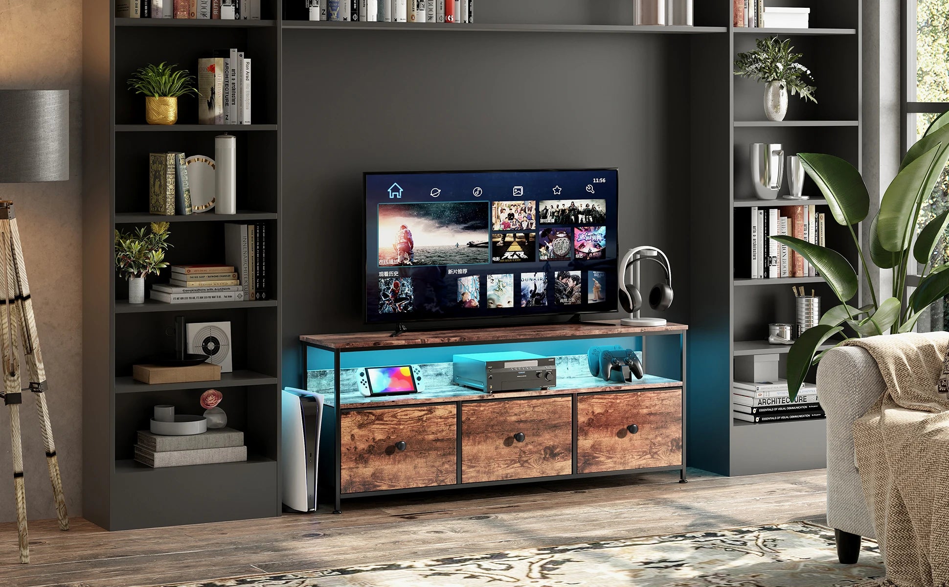 Vintage LED TV‑Meubel met 3 Stoffen Lades – Industrieel & Retro Design