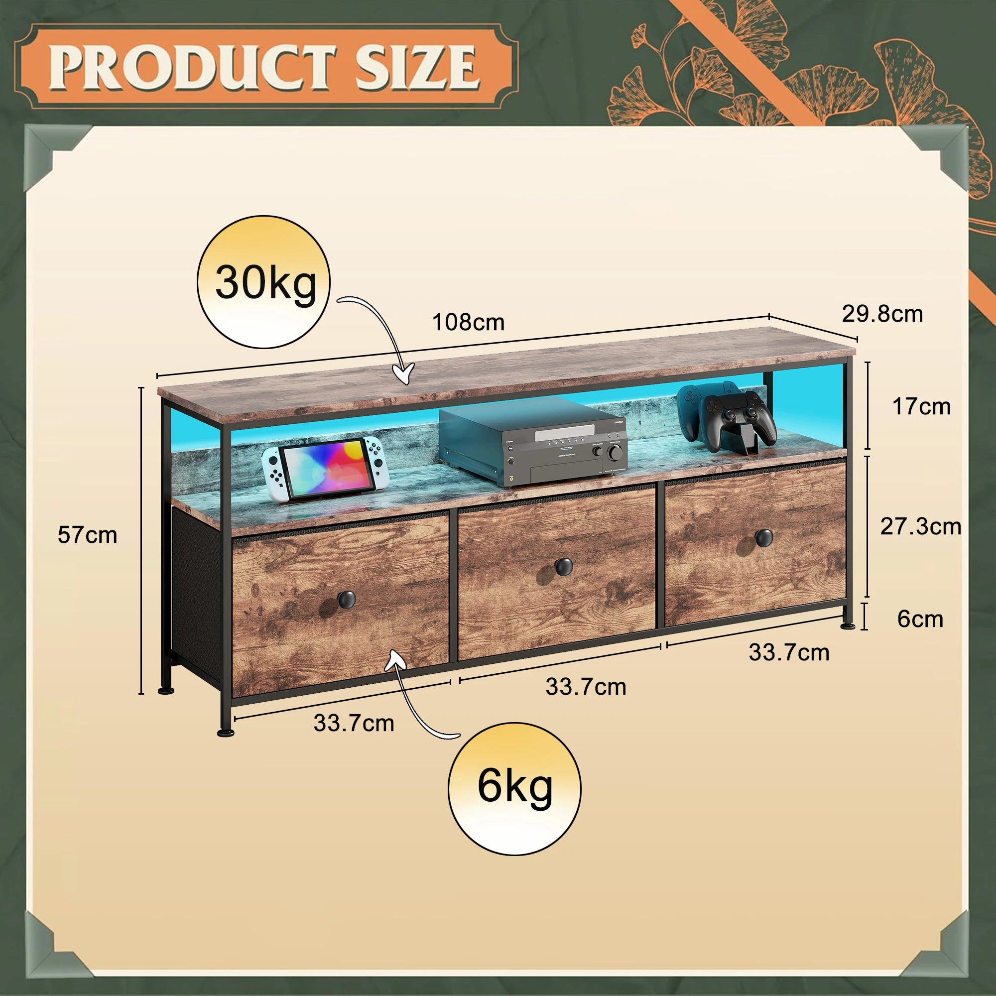 Vintage LED TV‑Meubel met 3 Stoffen Lades – Industrieel & Retro Design