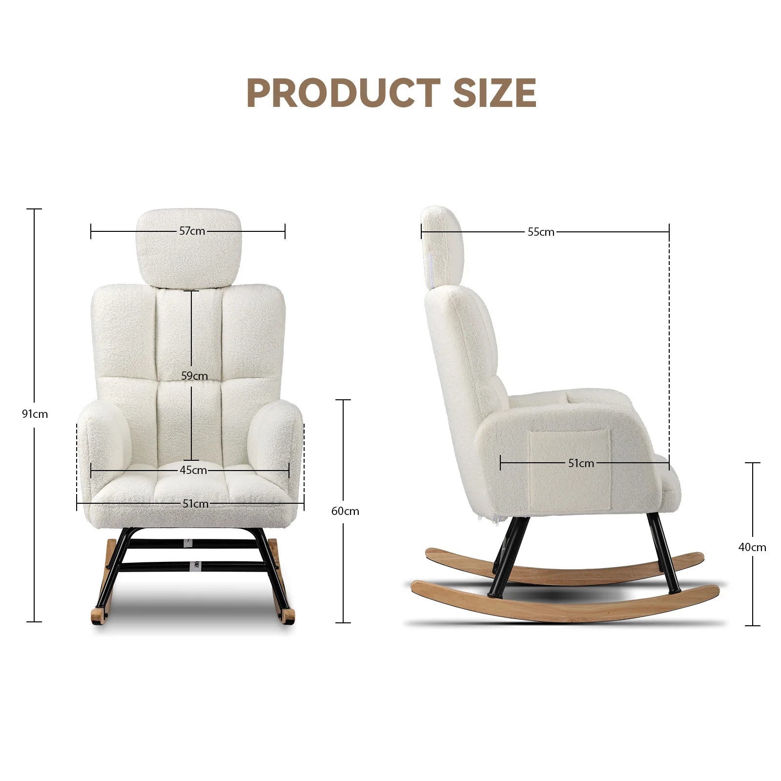 Schommelstoel Teddy – Rocking Chair met Armleuningen en Hoofdsteun – Zachte Fauteuil Beige