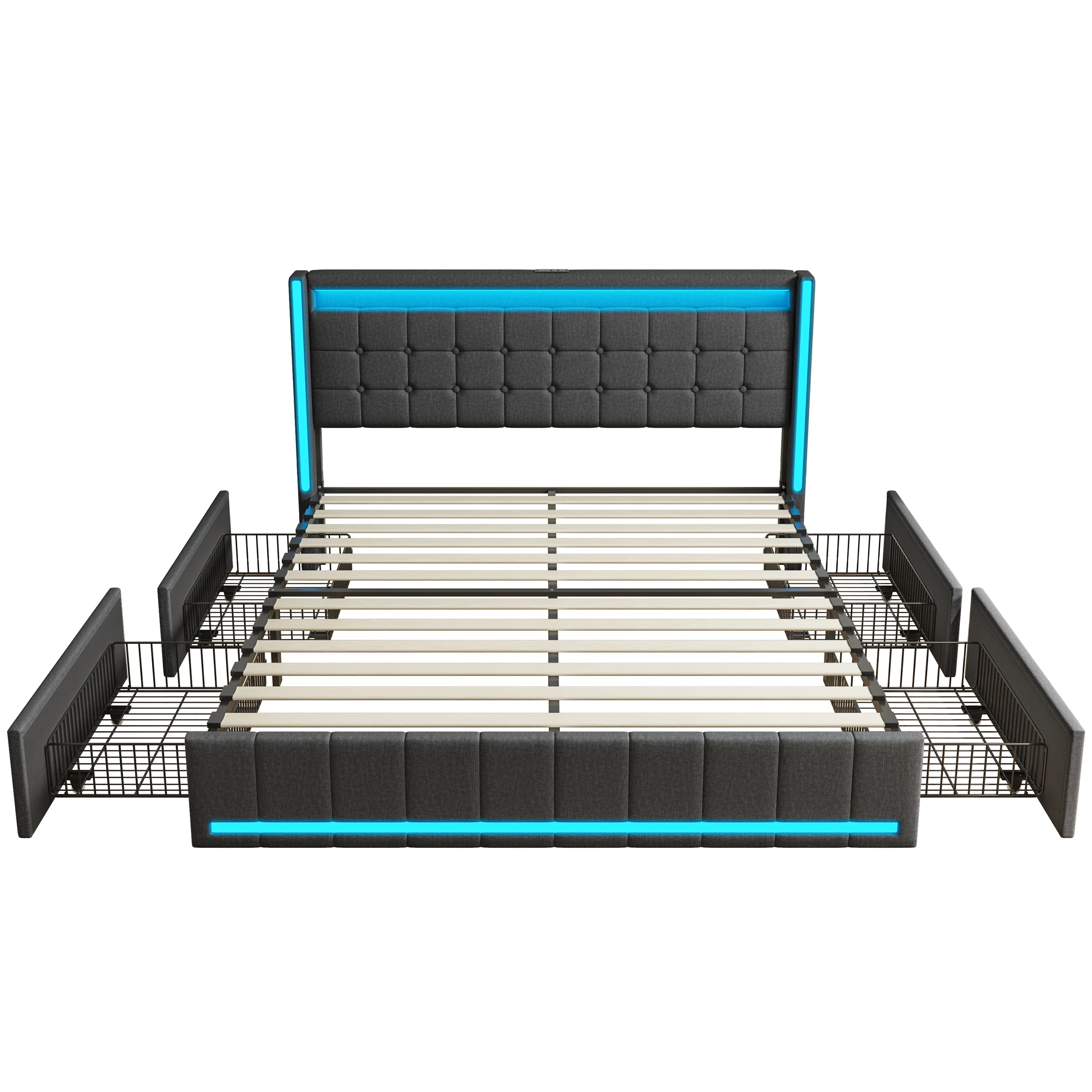 Linnen Bed 140-160x200 cm met Opberglades, LED Verlichting & USB Oplaadpoorten