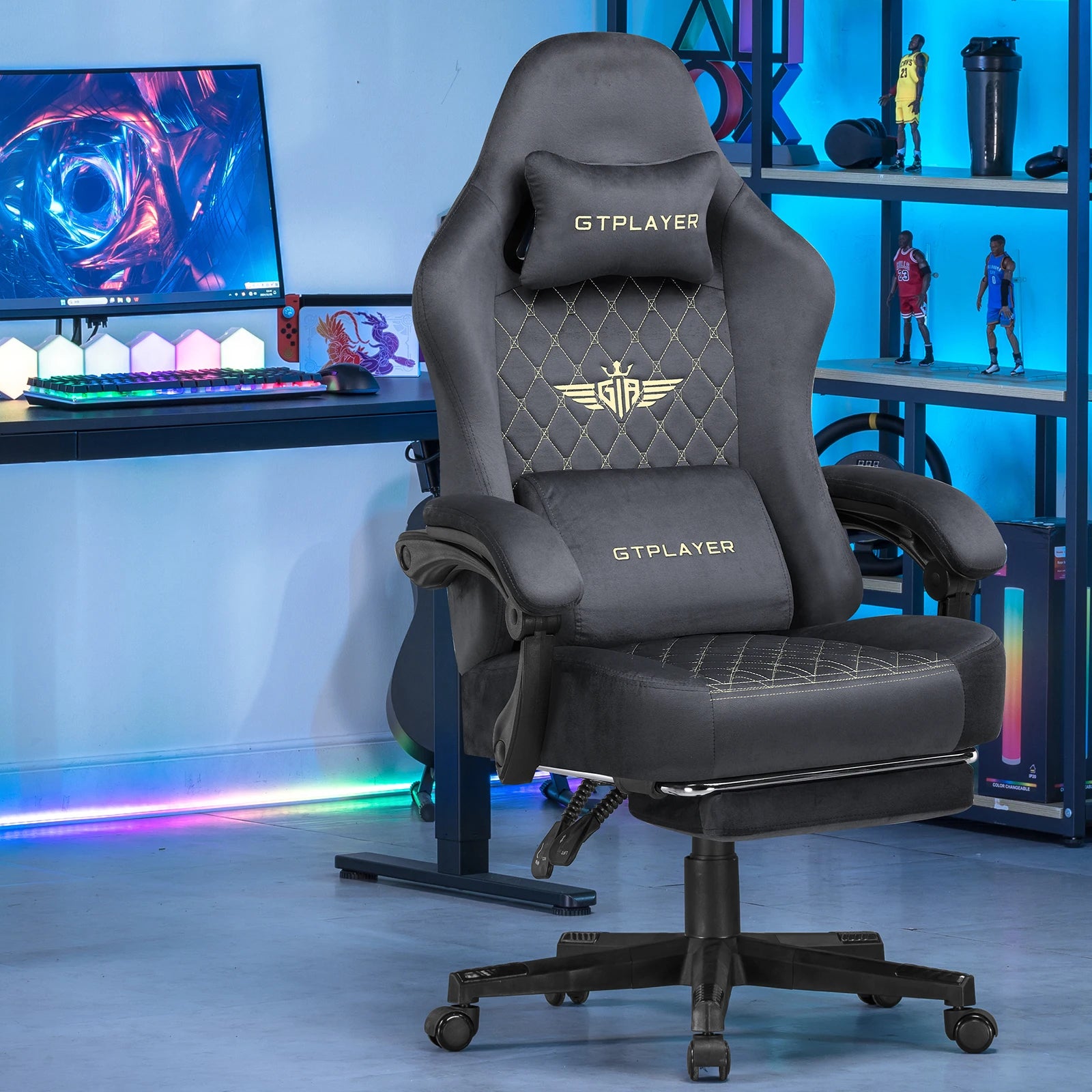 Ergonomische Gaming Stoel met Voetsteun – Stoffen Bureaustoel 360° Draaibaar & Verstelbaar (Comfort PC & Thuiswerk Stoel)
