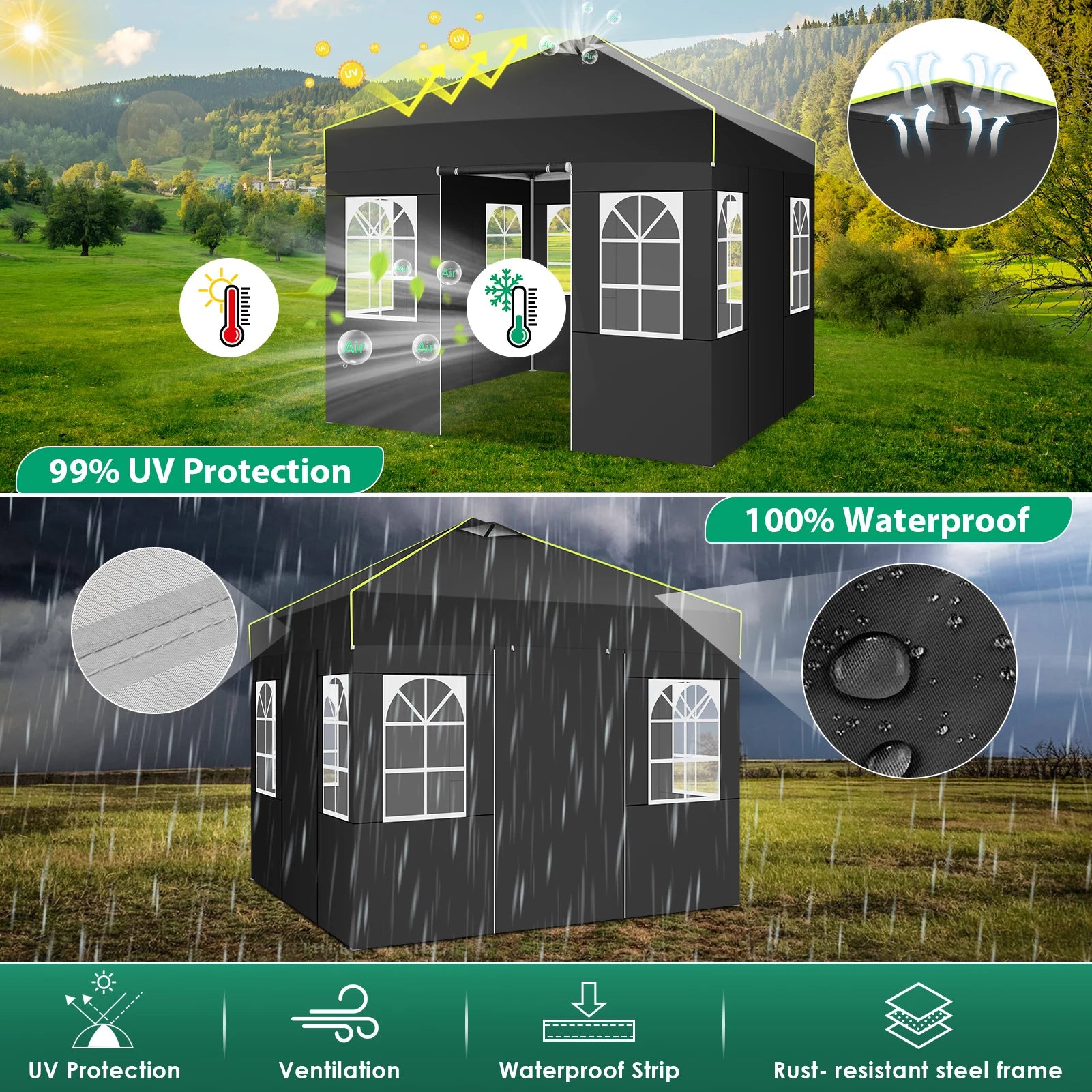 Pop-up Partytent 3x3 m Waterdicht met 4 Zijwanden – Opvouwbaar Tuinpaviljoen met UV50+ Bescherming voor Tuin & Evenementen