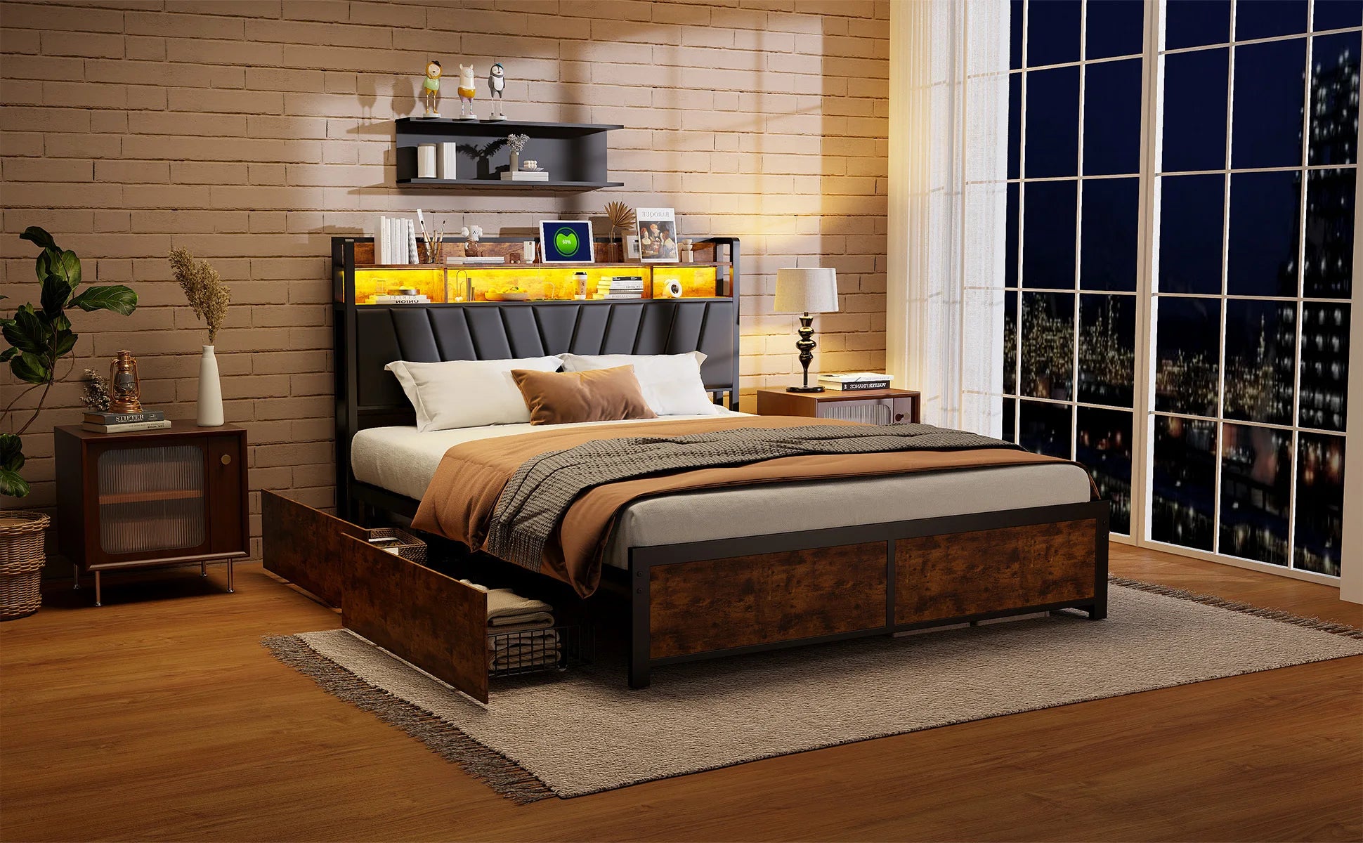 Tweepersoonsbedframe met LED‑verlichting en opbergruimte – 140‑180×200 cm