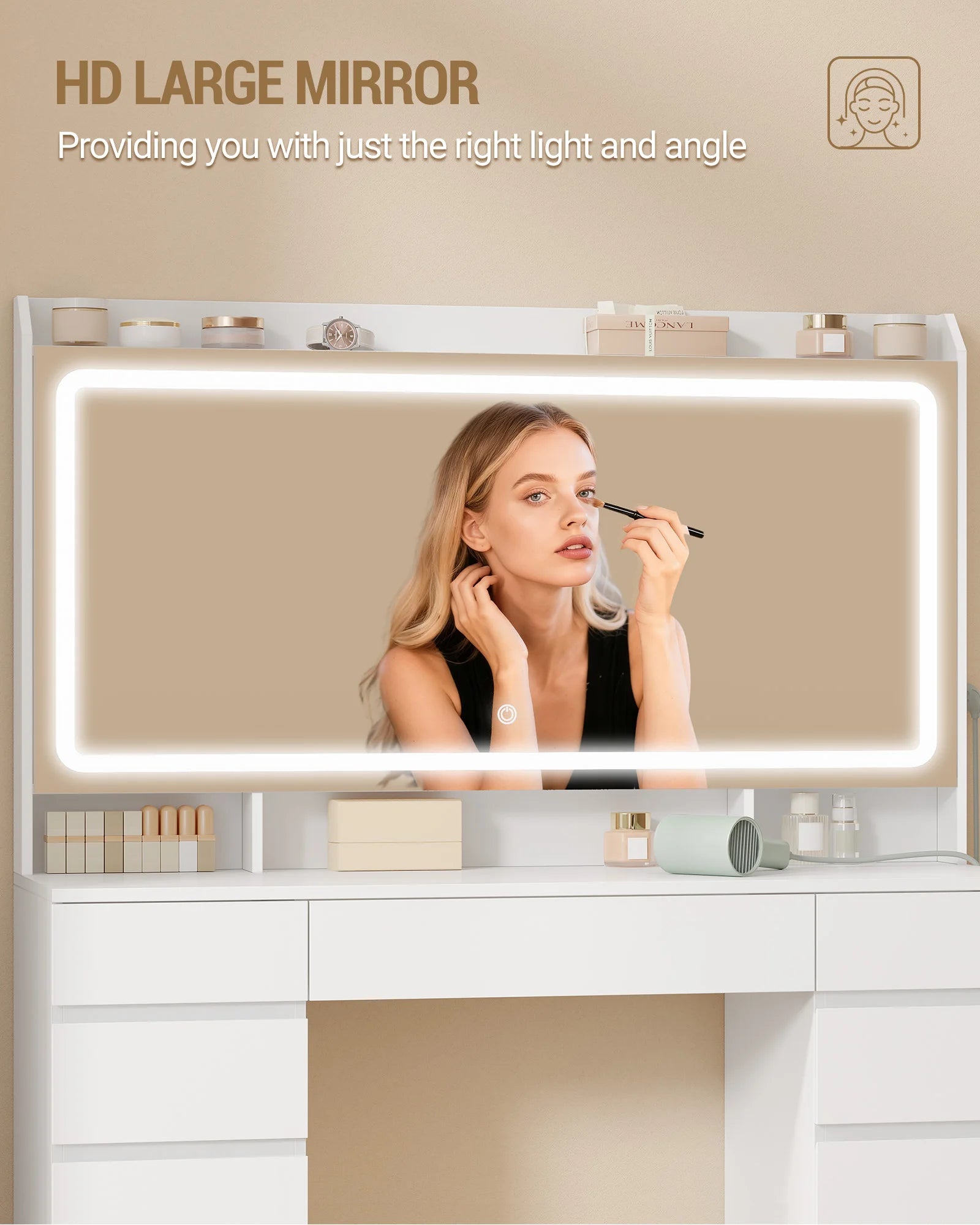 Grote Kaptafel met LED Spiegel en 11 Lades – Luxe Make‑uptafel met Verlichting & USB‑Poorten
