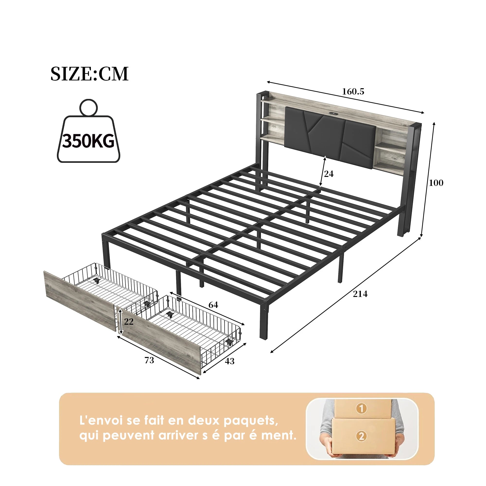 Gestoffeerd Tweepersoonsbed met Lade‑Opbergruimte, LED‑Verlichting en USB‑Oplaadpoort – 140/160/180 × 200 cm