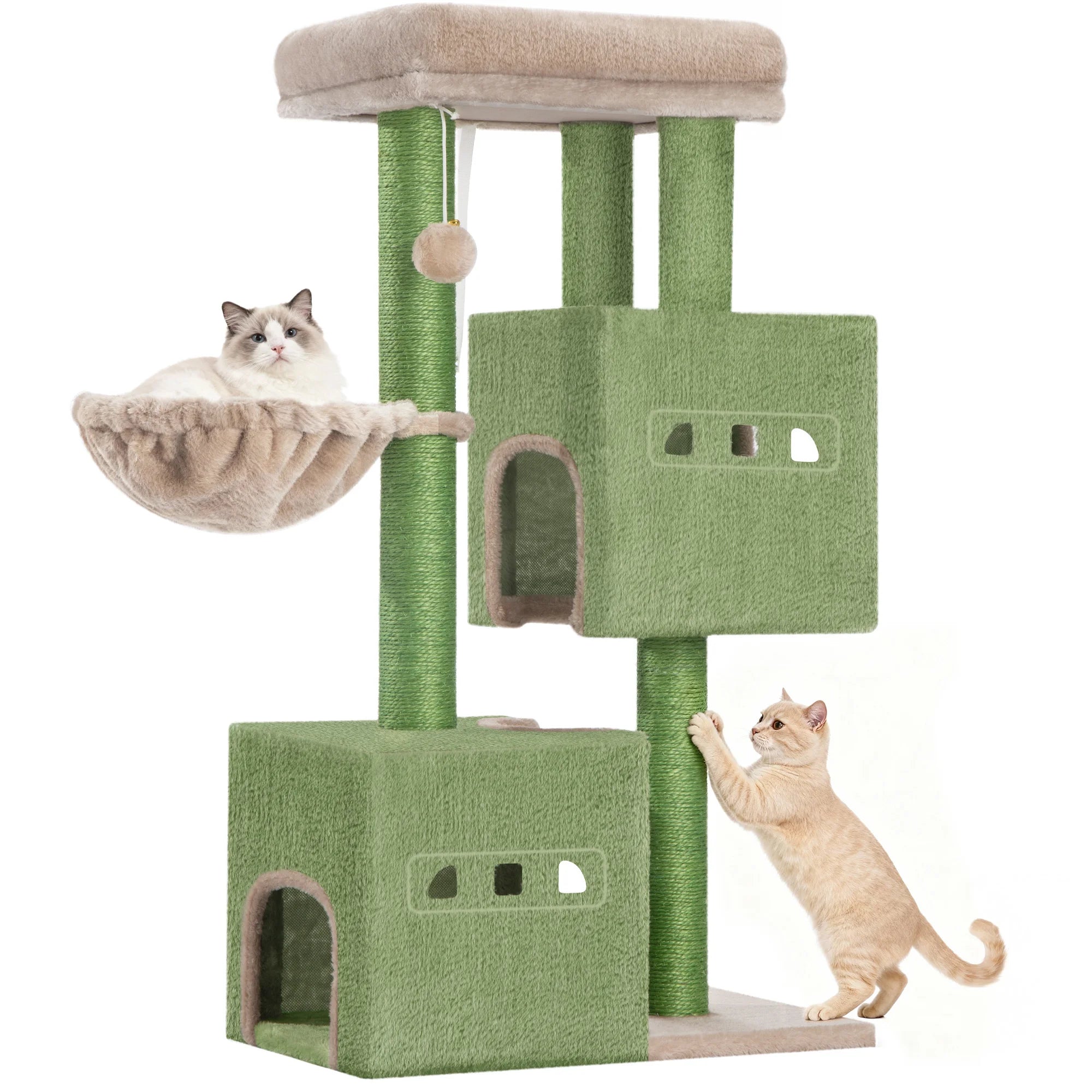 Krabpaal 98 cm – Stabiele Kattenboom met Grote Ligplek, 2 Holletjes, Sisal Krabpalen & Speelballen – Ideaal voor Meerdere Katten