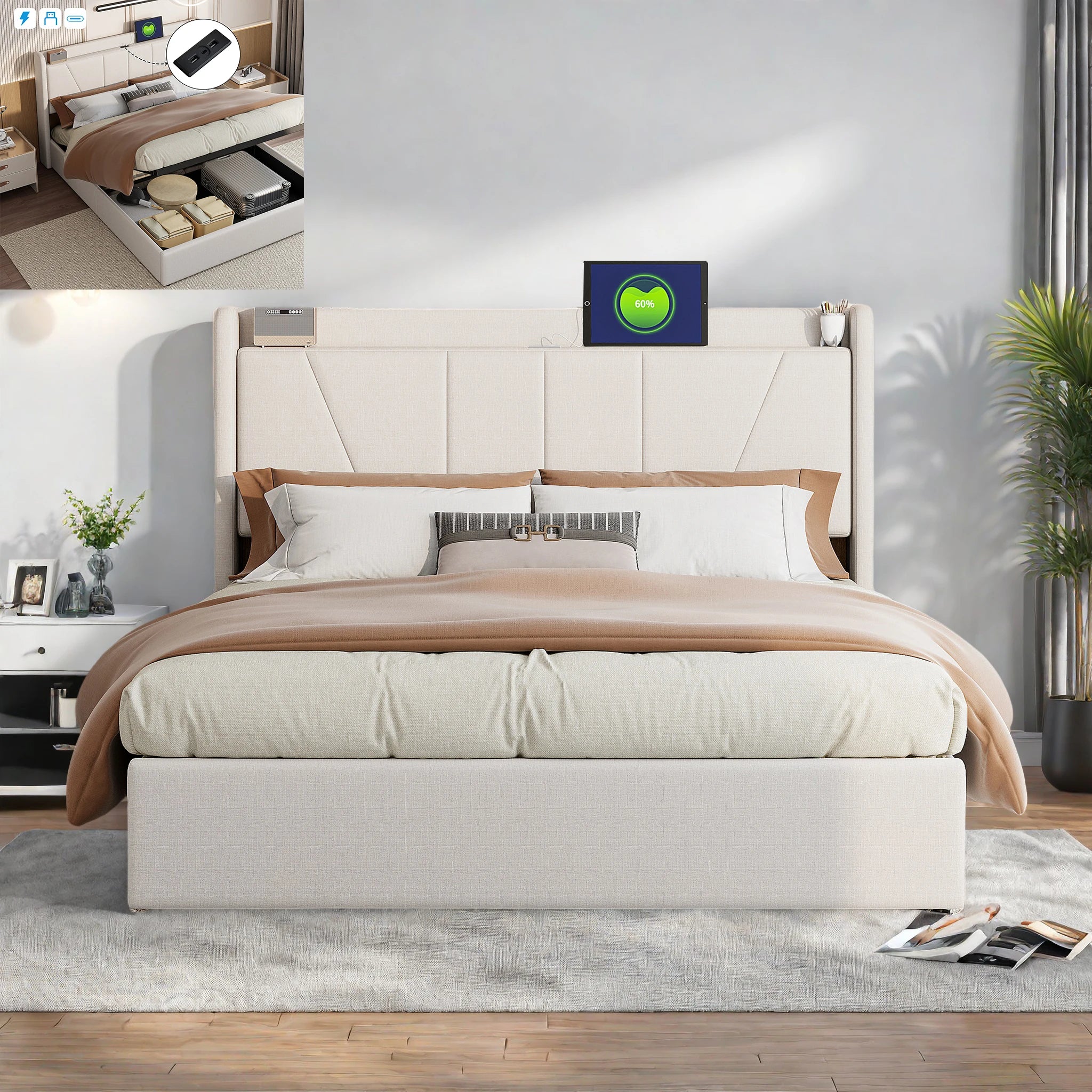Tweepersoonsbed met Opbergruimte en USB‑Aansluiting – 140/160×200 cm – Gestoffeerd Bedframe