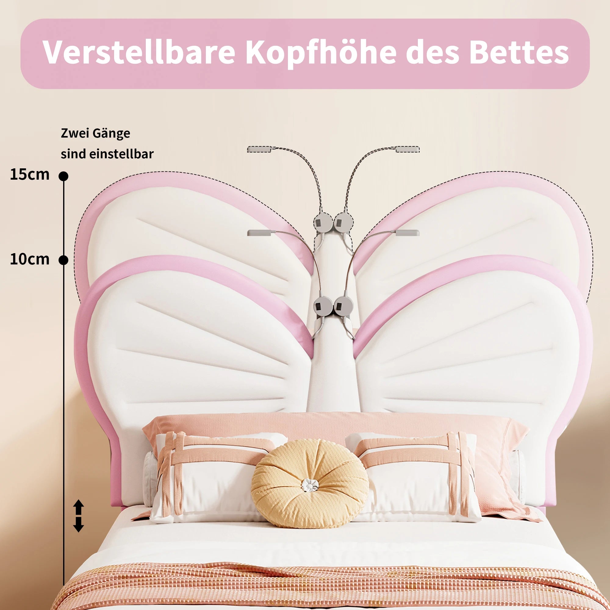 Kinderbed 90x200 cm verstelbaar hoofdeinde – meisjesbed met LED‑leeslampjes