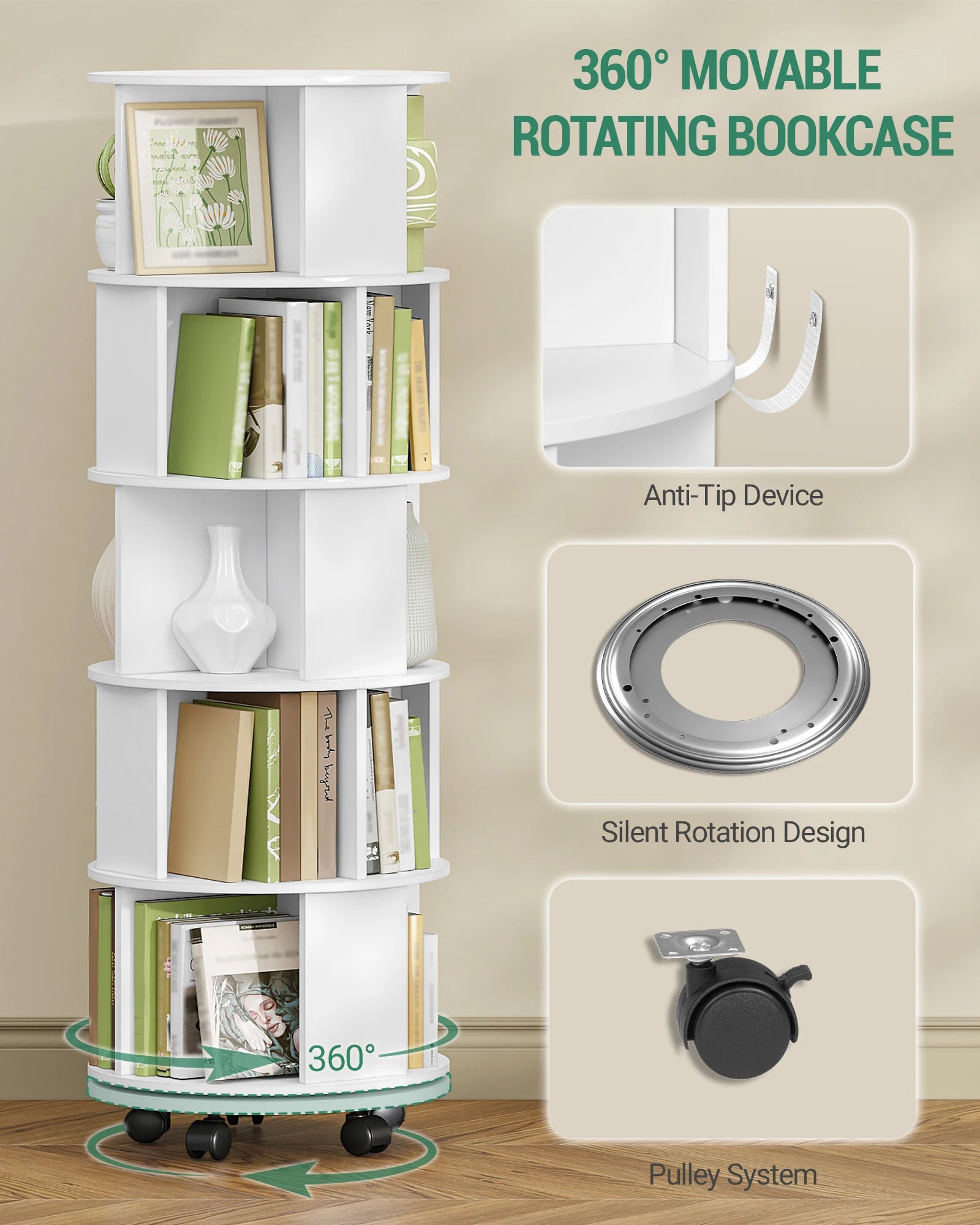 Draaibare Boekenkast 5‑Laags – 360° Roterend Boekenrek met Wielen – Wit