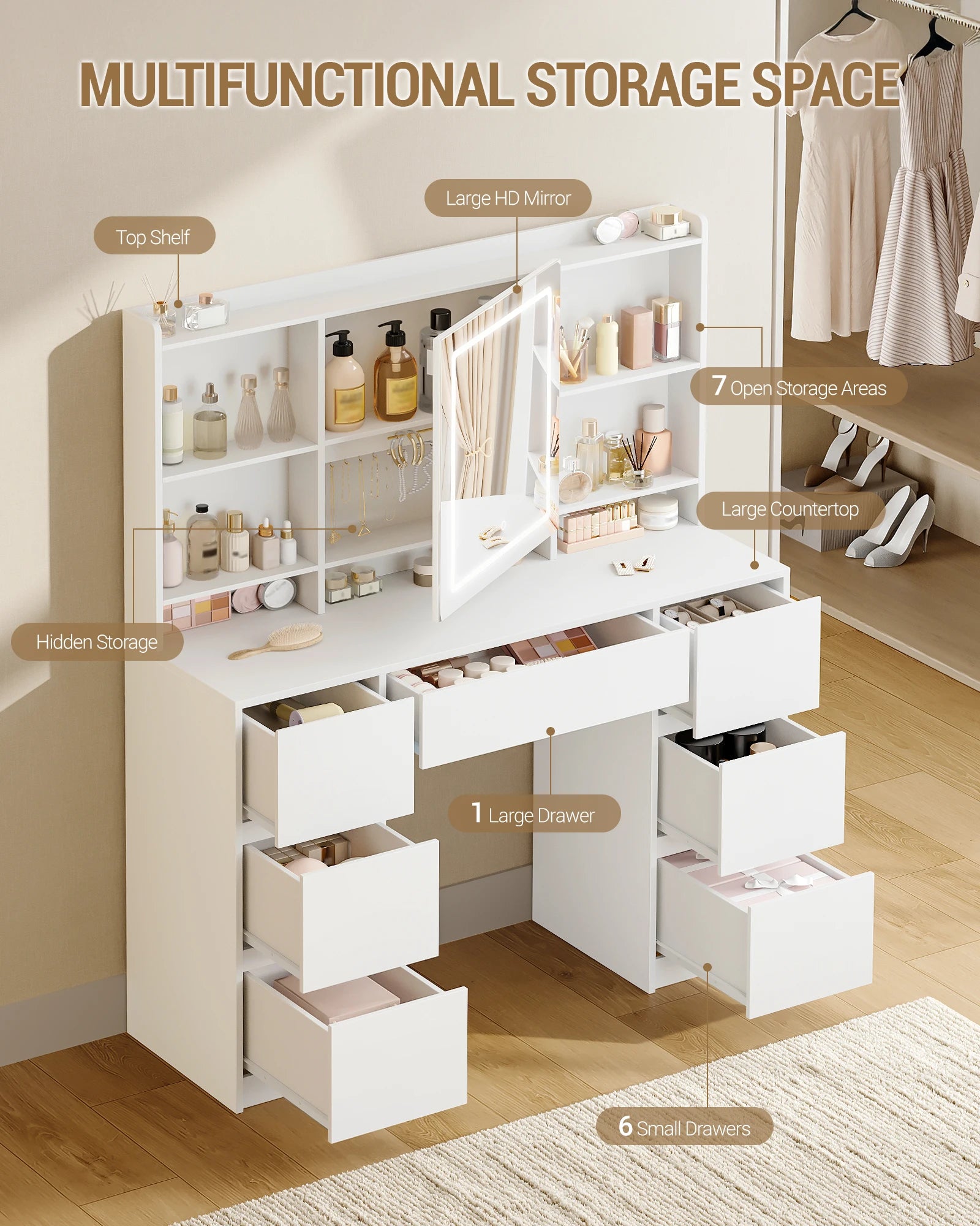 Grote Kaptafel met LED‑Spiegel en Verstelbare Verlichting – 7 Laden & 4 Open Planken – Moderne Make‑Up Tafel voor Slaapkamer