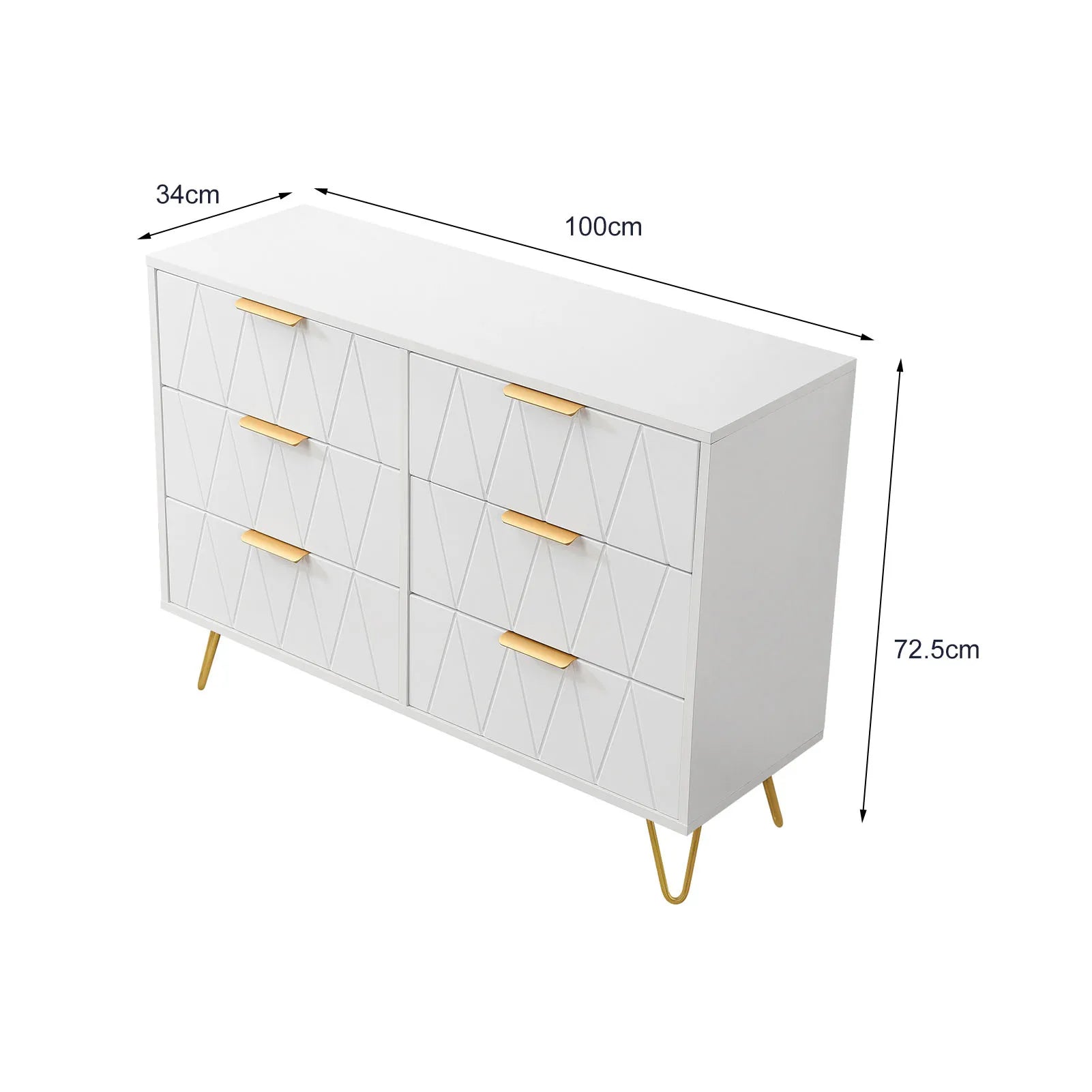 Ladekast 6 Laden – Moderne Dressoir Kast MDF met Gouden Handgrepen en Metalen Poten – Opbergkast voor Woonkamer en Slaapkamer