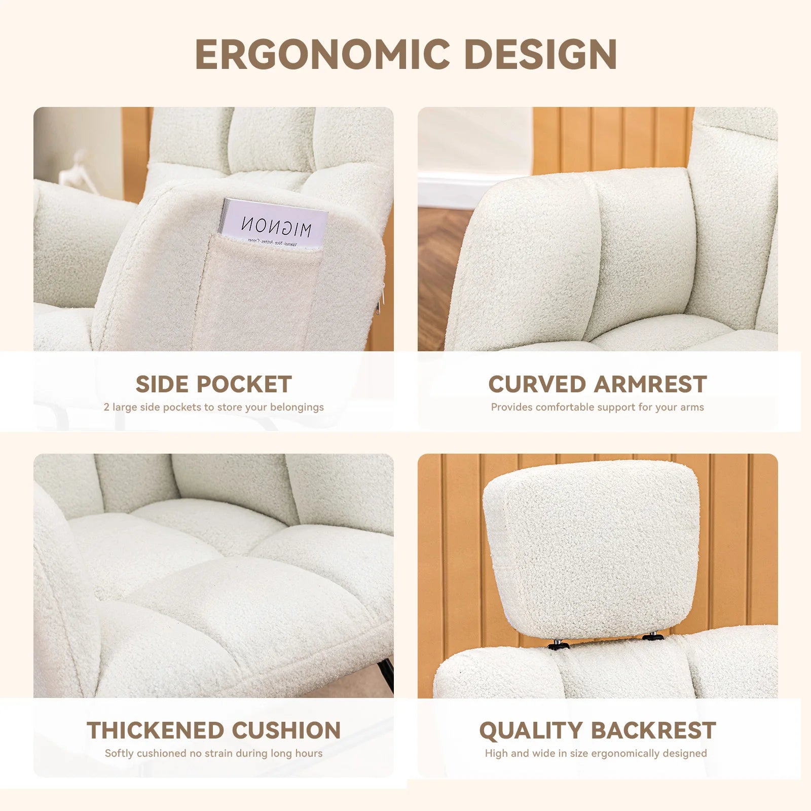 Schommelstoel Teddy – Rocking Chair met Armleuningen en Hoofdsteun – Zachte Fauteuil Beige