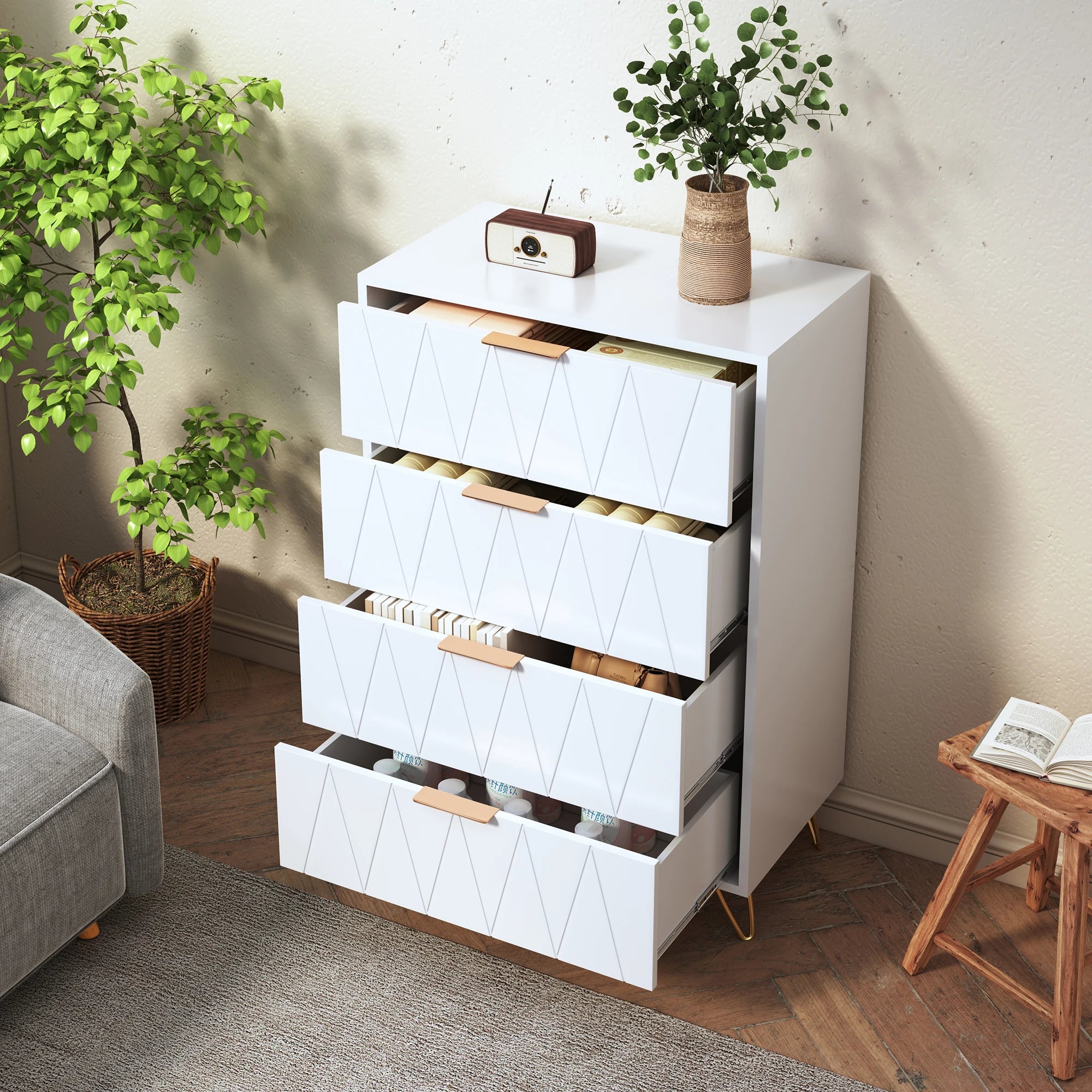 Ladekast 6 Laden – Moderne Dressoir Kast MDF met Gouden Handgrepen en Metalen Poten – Opbergkast voor Woonkamer en Slaapkamer