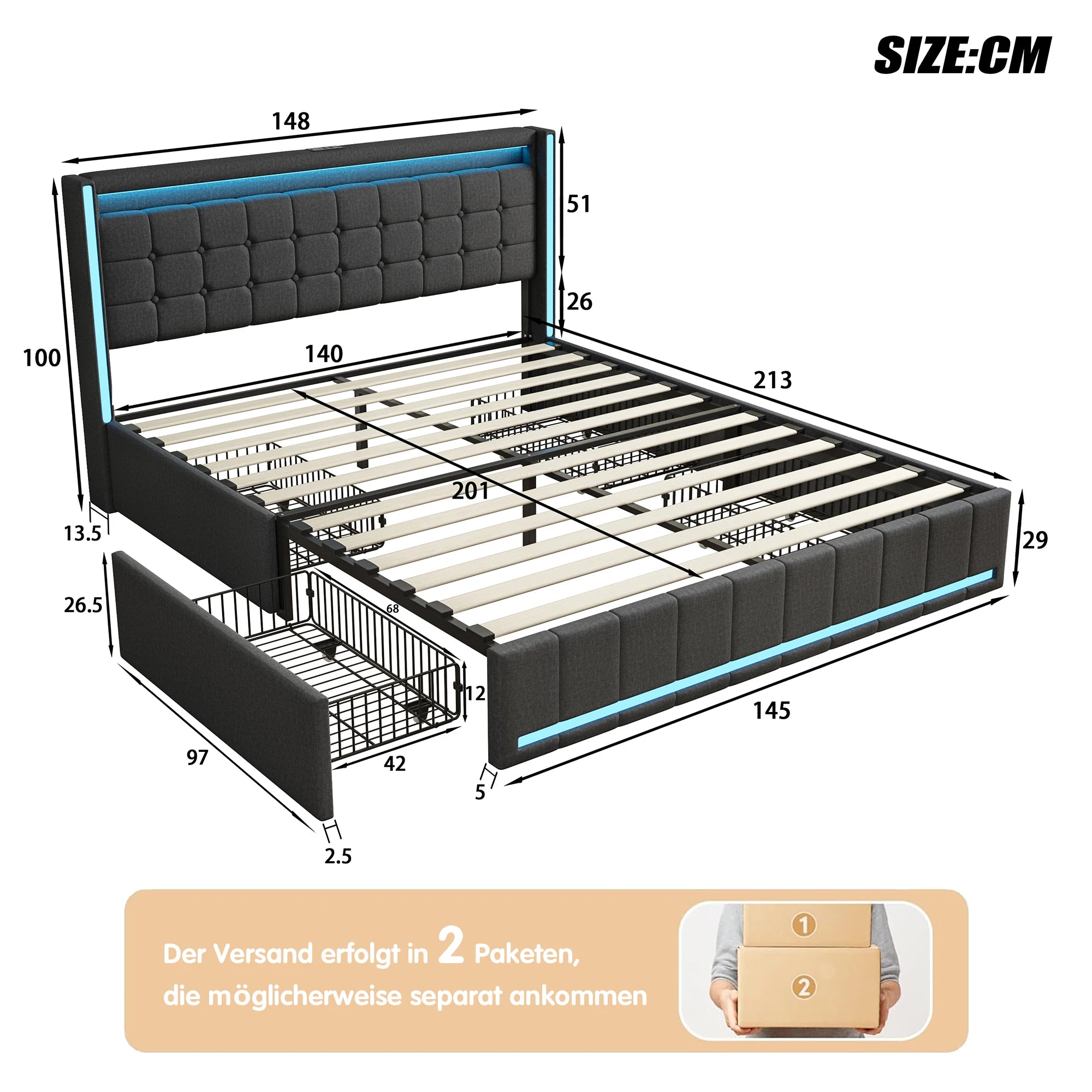 Linnen Bed 140-160x200 cm met Opberglades, LED Verlichting & USB Oplaadpoorten