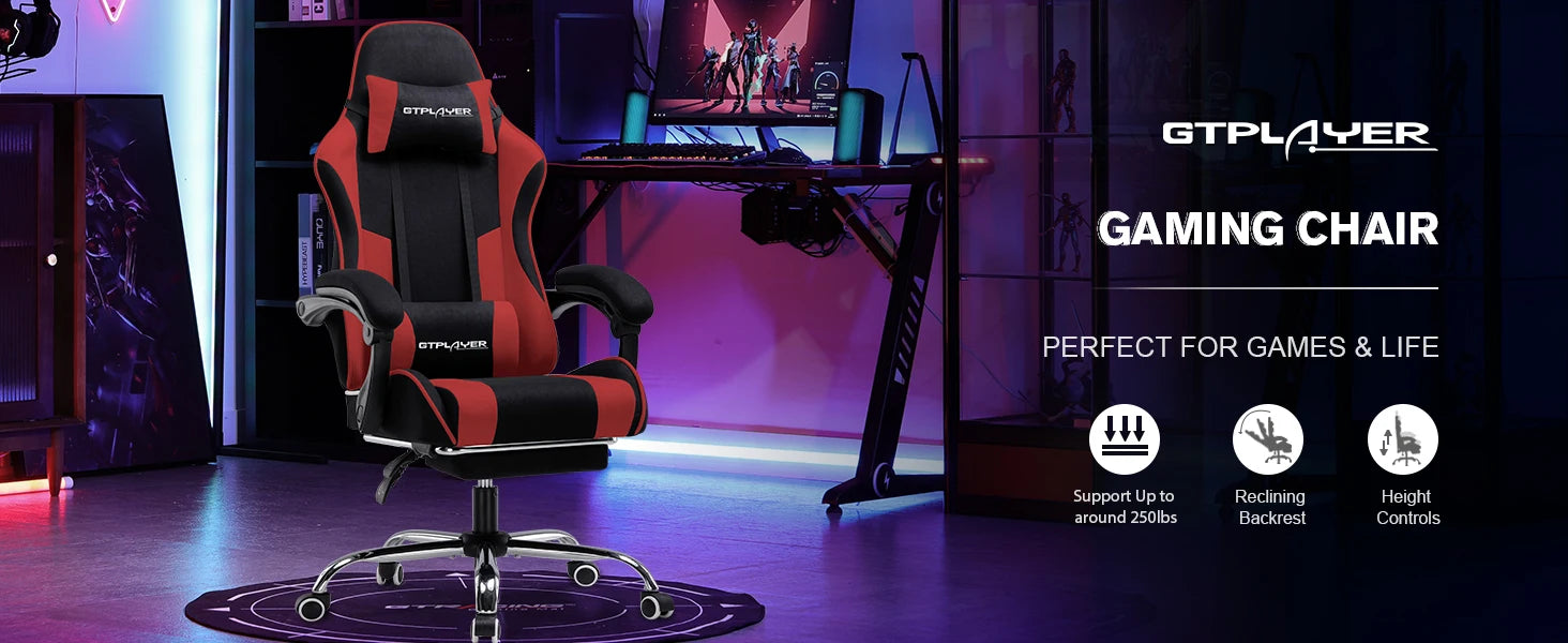 Ergonomische Gamingstoel met Voetensteun en Massage Lendenkussen – Stoffen Bureaustoel met Hoofdsteun