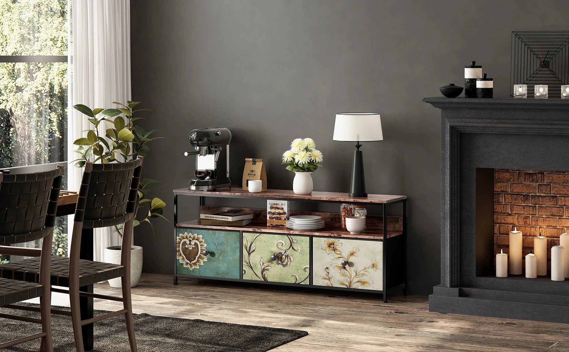Vintage LED TV‑Meubel met 3 Stoffen Lades – Industrieel & Retro Design