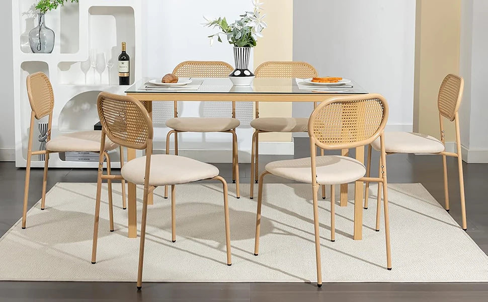 Retro Eetkamerstoelen Set van 2 met Rieten Rugleuning – Comfortabele Gestoffeerde Zitting, Stevig IJzeren Frame, Antislipvoetjes – Voor Keuken, Eetkamer & Terras