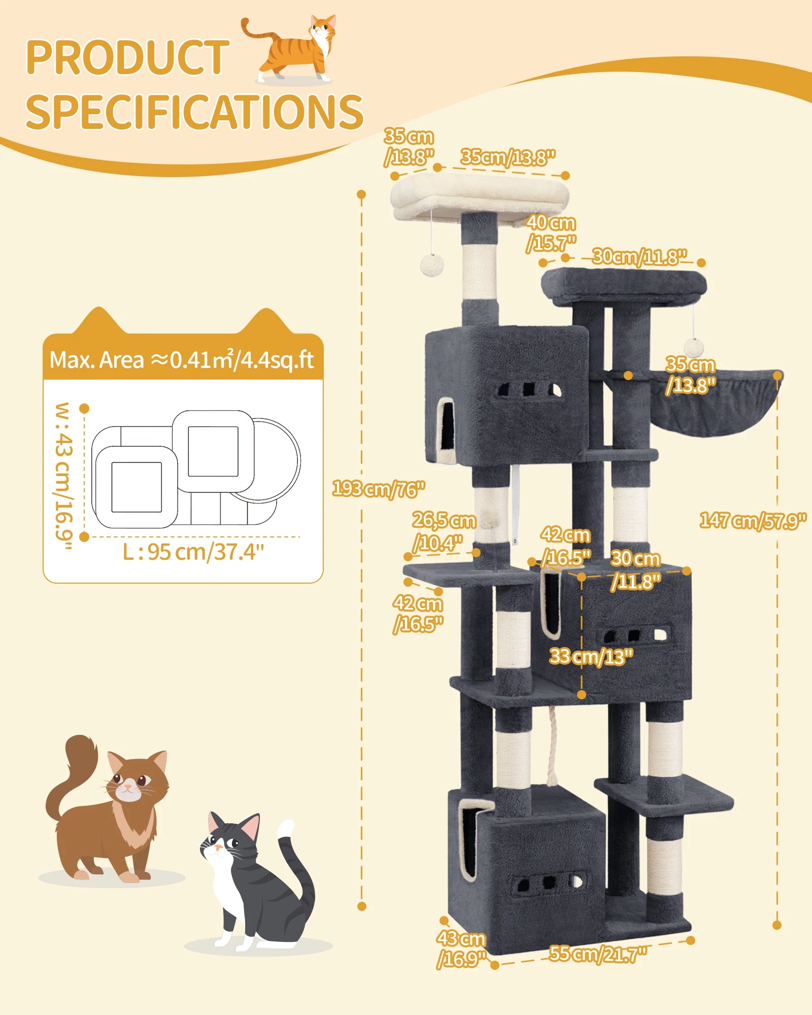 XXL Kattenboom 193 cm – Grote Krabpaal met 7 Niveaus, 3 Kattenhuizen, Platforms & Sisal Krabpalen voor Meerdere Katten