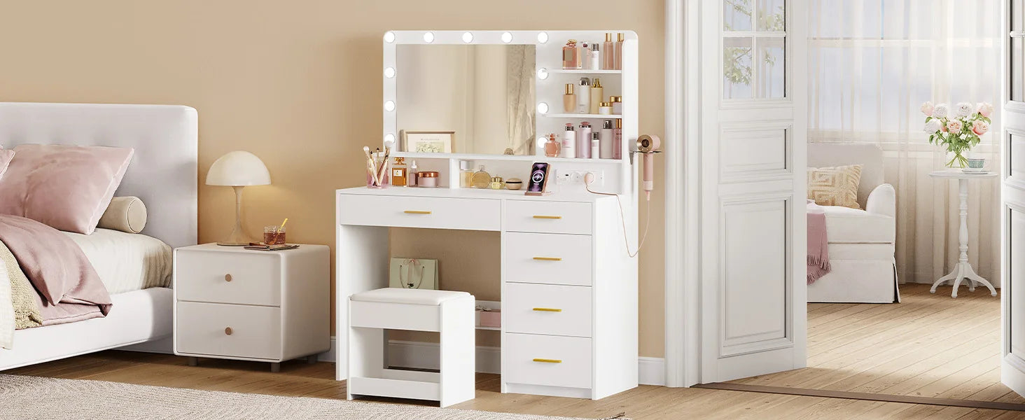 Grote Make‑up Tafel met LED Spiegel, Kruk en Oplaadstation – Moderne Schoonheidstafel voor Slaapkamer
