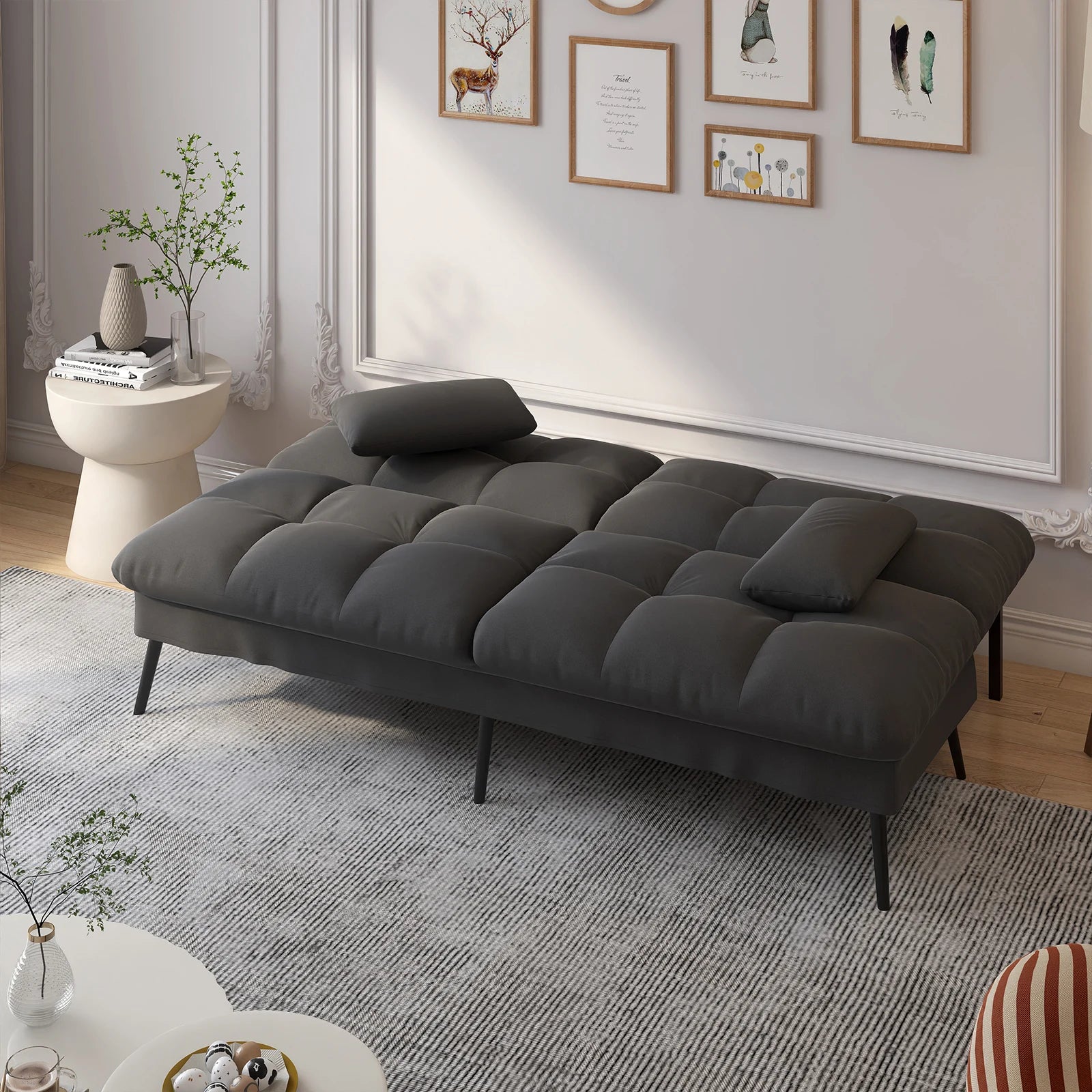 3-Zits Opvouwbare Slaapbank – Futon Hoekbank met Verstelbare Rugleuning – Grijs Stoffen Sofa Bed