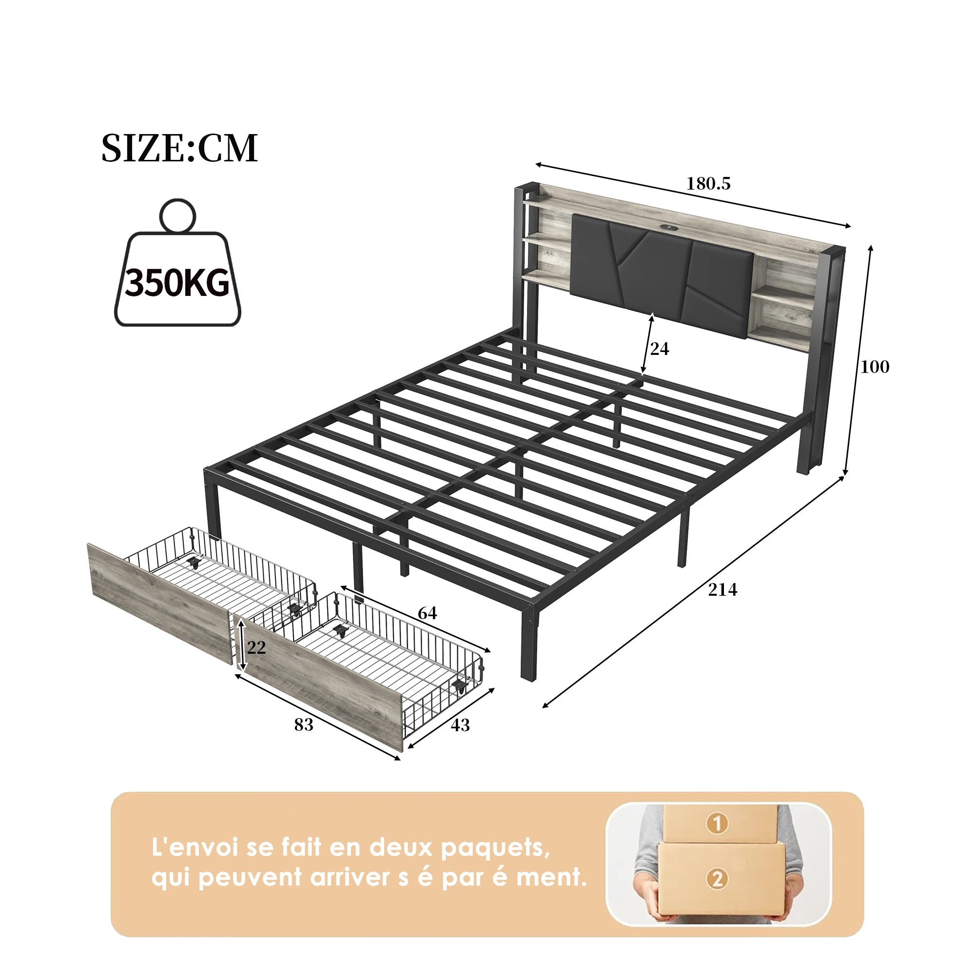 Gestoffeerd Tweepersoonsbed met Lade‑Opbergruimte, LED‑Verlichting en USB‑Oplaadpoort – 140/160/180 × 200 cm