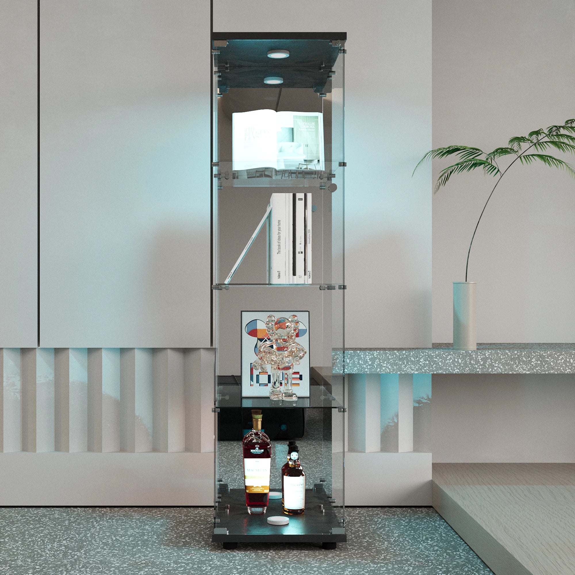 Staande LED Vitrinekast met 4 Niveaus – Moderne Displaykast voor Woonkamer & Slaapkamer