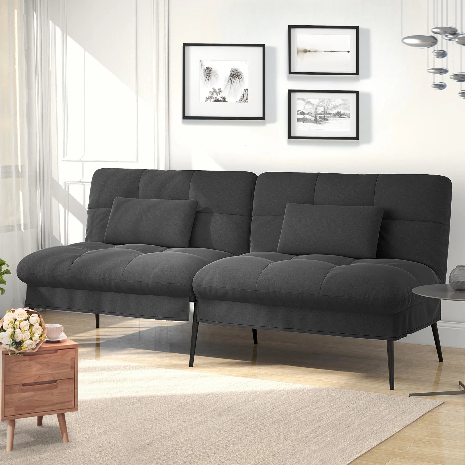 3-Zits Opvouwbare Slaapbank – Futon Hoekbank met Verstelbare Rugleuning – Grijs Stoffen Sofa Bed