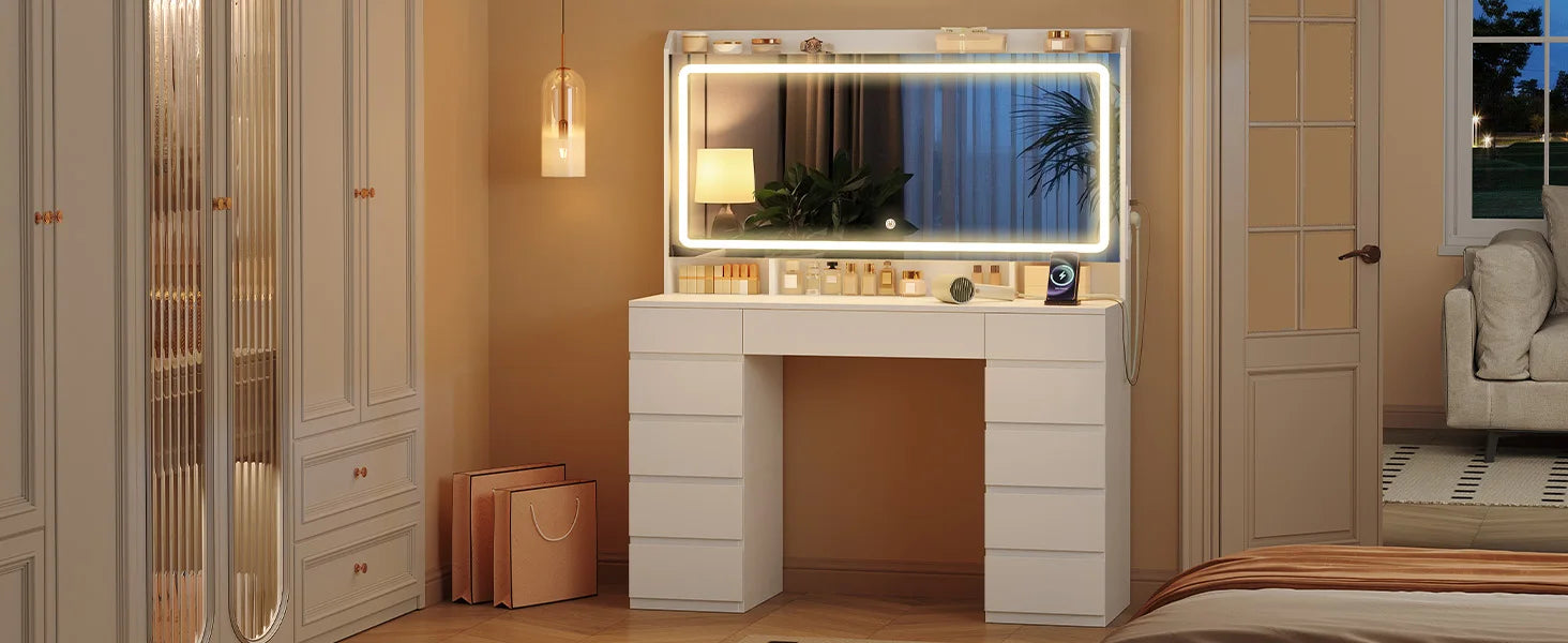 Grote Kaptafel met LED Spiegel en 11 Lades – Luxe Make‑uptafel met Verlichting & USB‑Poorten