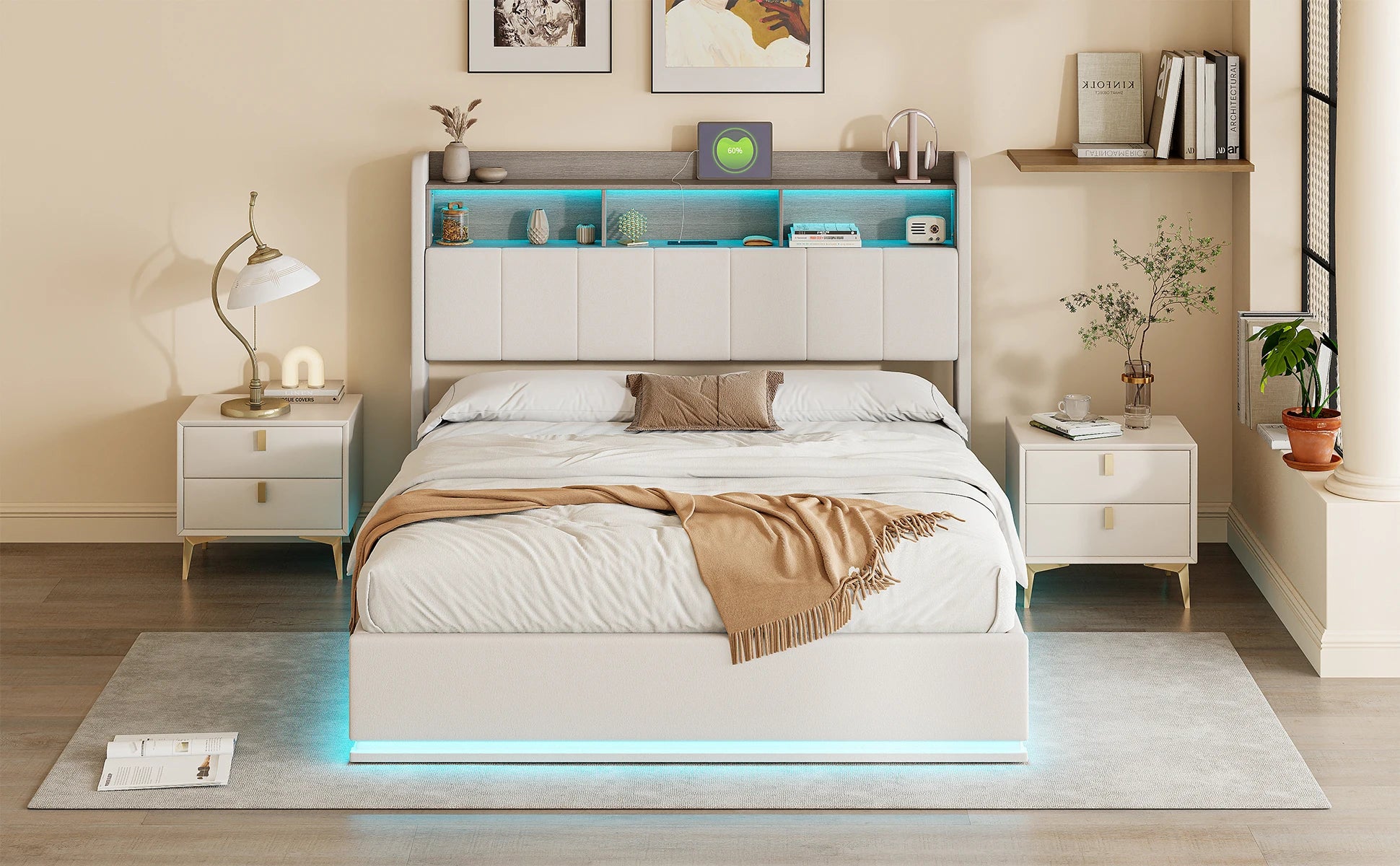 Gestoffeerd bed 140x200 cm met LED‑verlichting en hydraulische opbergruimte – modern en praktisch design