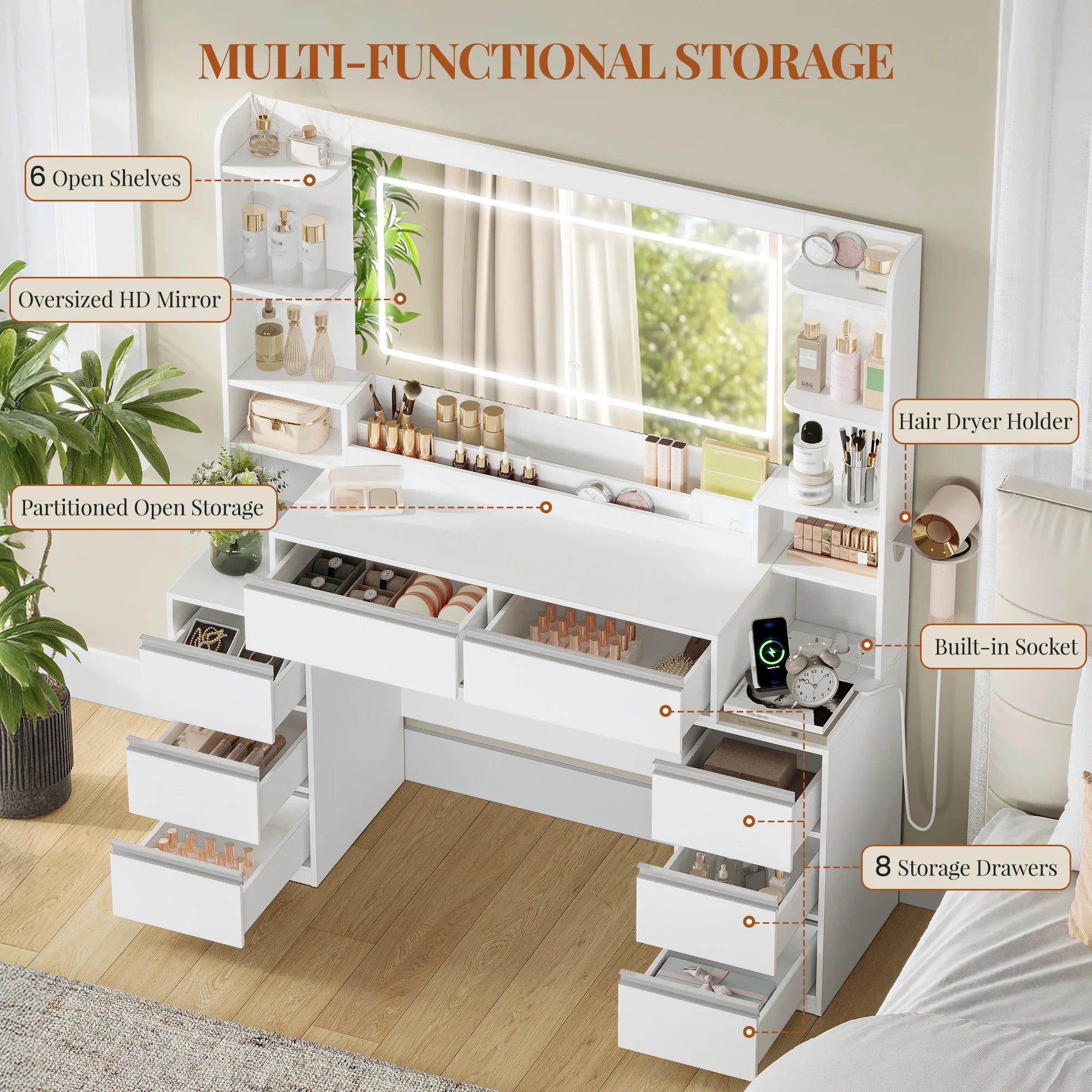 Kaptafel met Grote Spiegel en 8 Laden – Moderne Witte Make-up Tafel met Opbergruimte en Föhnhouder
