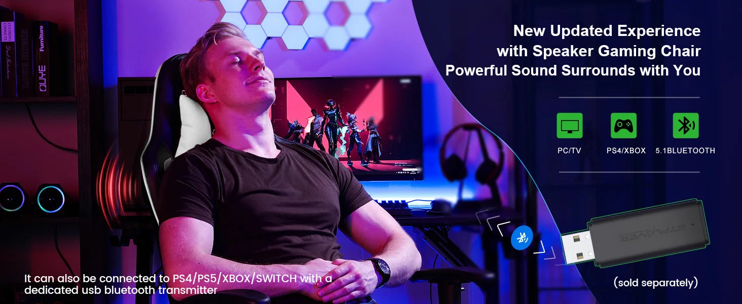 Gamingstoel met Bluetooth Speakers – Ergonomische Bureaustoel met Voetensteun en PU Leer (Recline 150°)