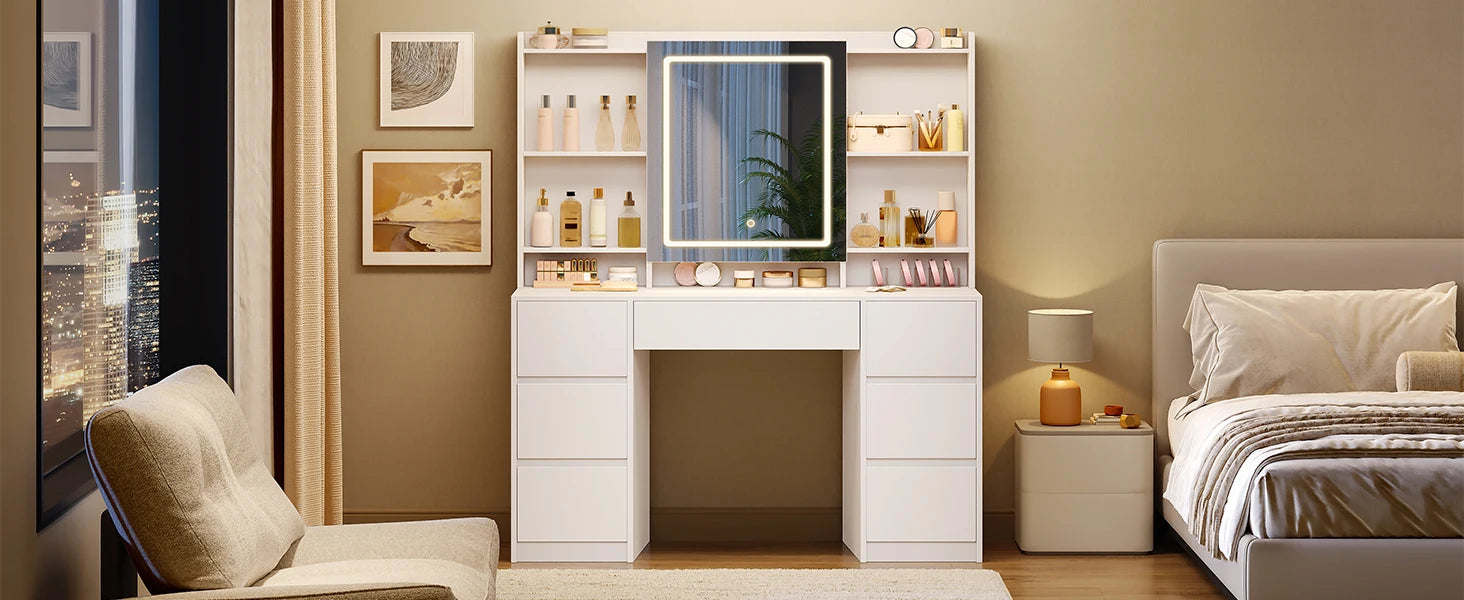 Grote Kaptafel met LED‑Spiegel en Verstelbare Verlichting – 7 Laden & 4 Open Planken – Moderne Make‑Up Tafel voor Slaapkamer