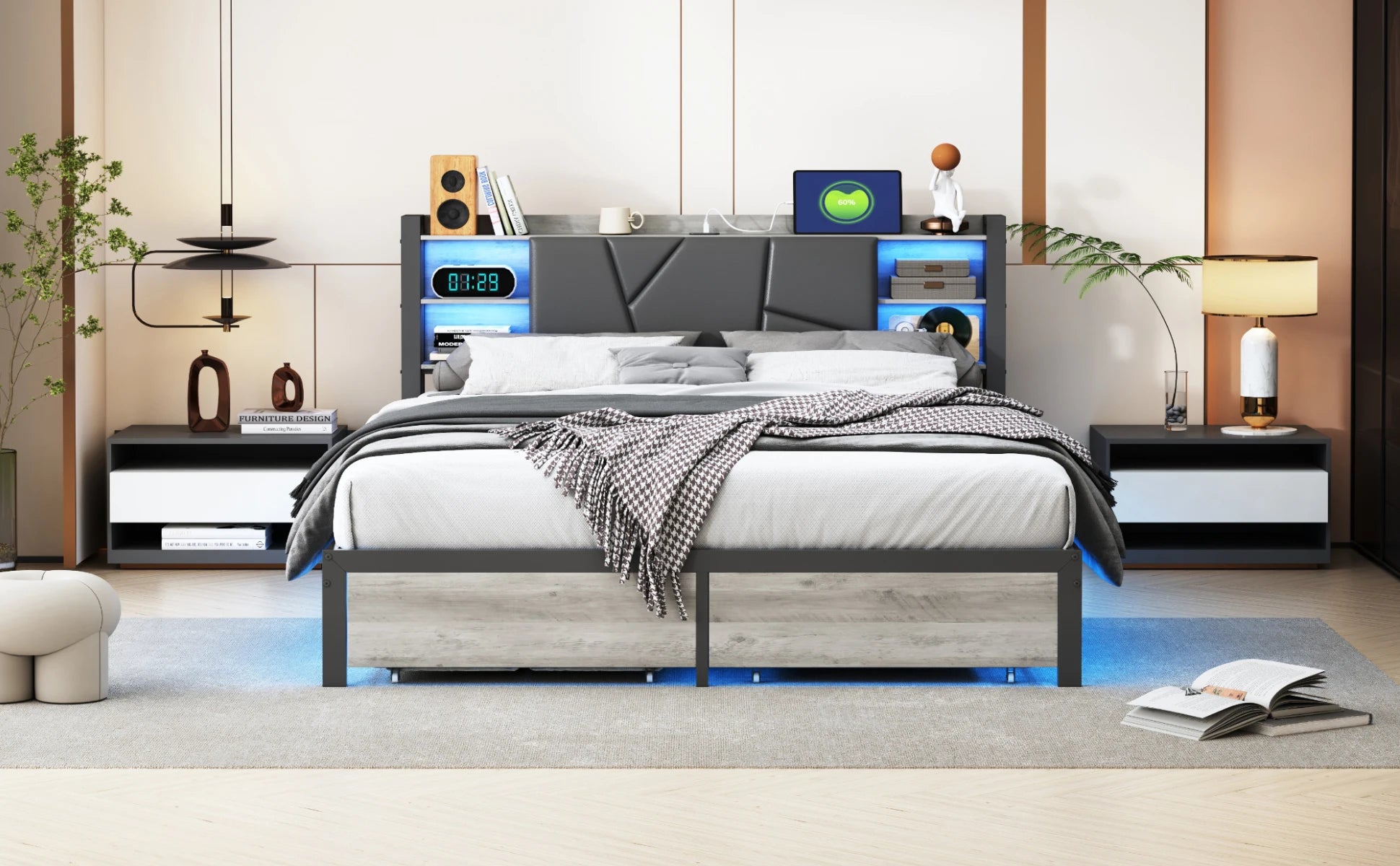 Gestoffeerd Tweepersoonsbed met Lade‑Opbergruimte, LED‑Verlichting en USB‑Oplaadpoort – 140/160/180 × 200 cm