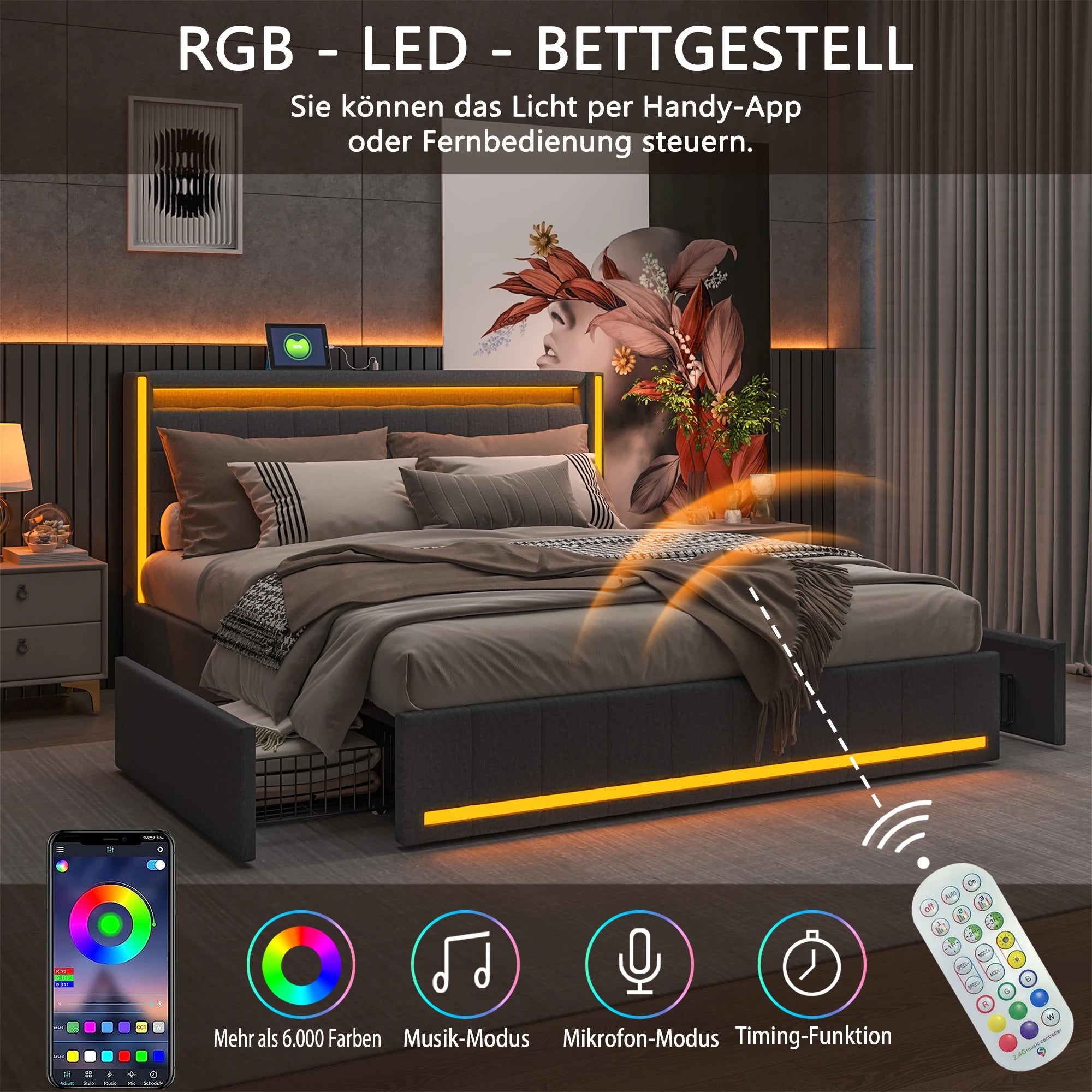 Linnen Bed 140-160x200 cm met Opberglades, LED Verlichting & USB Oplaadpoorten