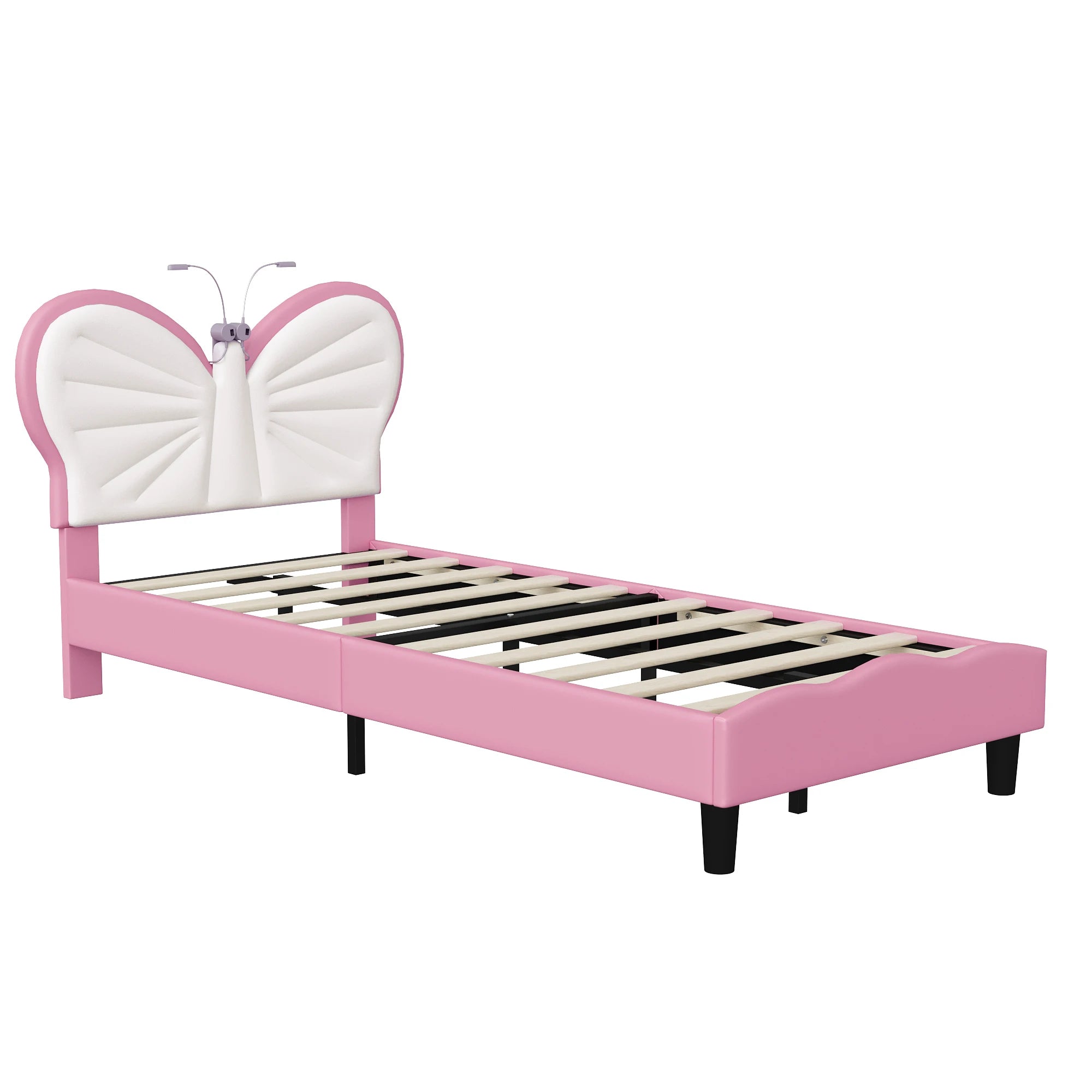 Kinderbed 90x200 cm verstelbaar hoofdeinde – meisjesbed met LED‑leeslampjes