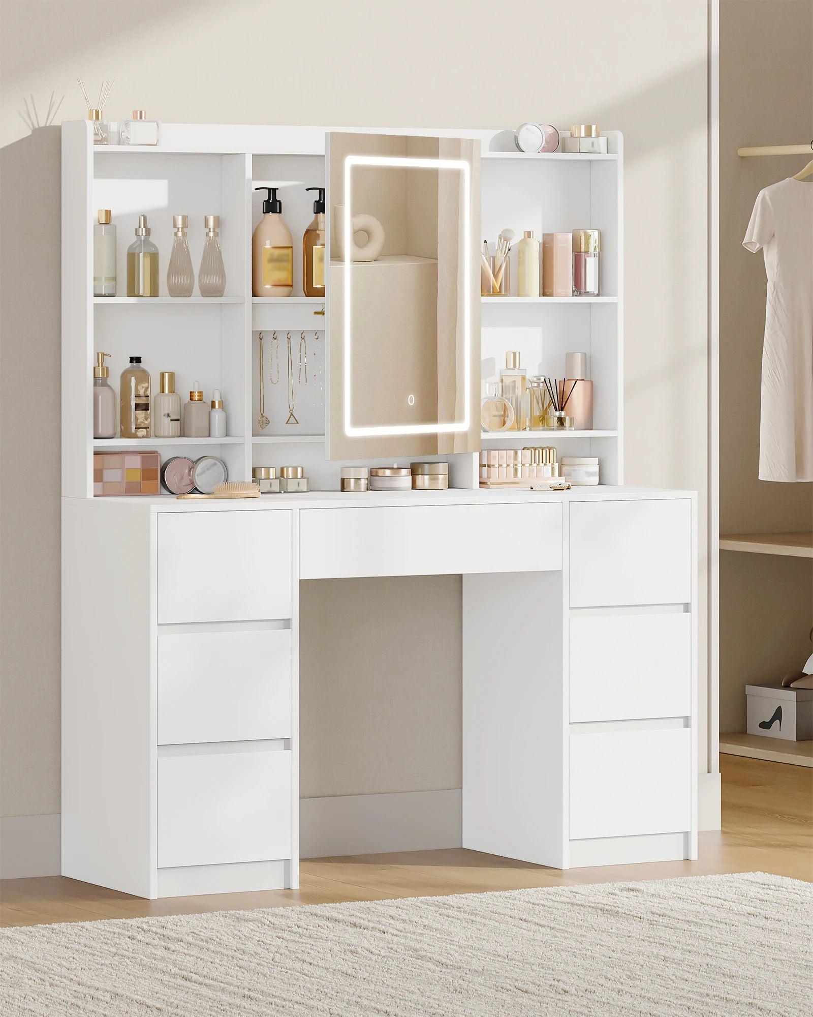 Grote Kaptafel met LED‑Spiegel en Verstelbare Verlichting – 7 Laden & 4 Open Planken – Moderne Make‑Up Tafel voor Slaapkamer