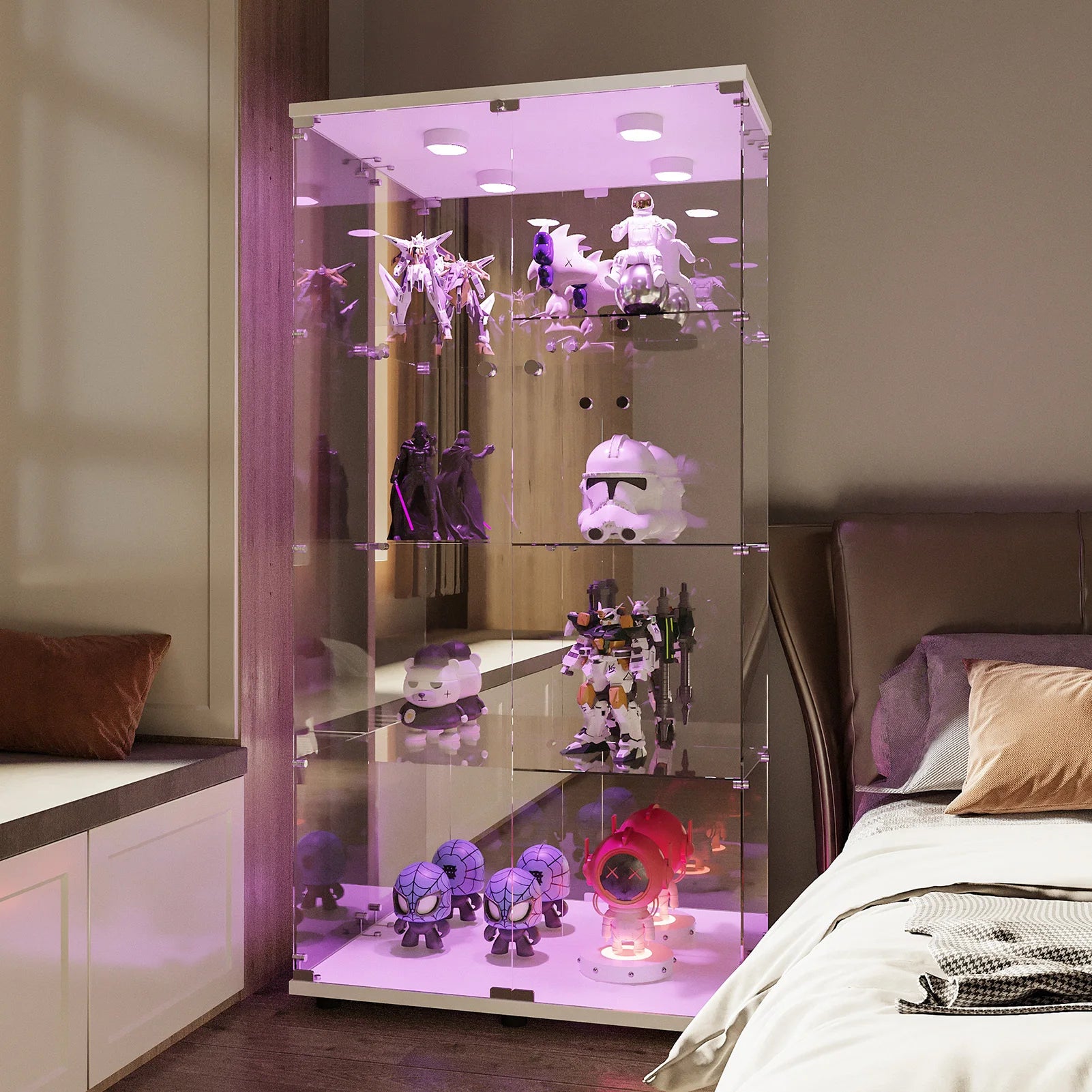 Staande LED Vitrinekast met 4 Niveaus – Moderne Displaykast voor Woonkamer & Slaapkamer