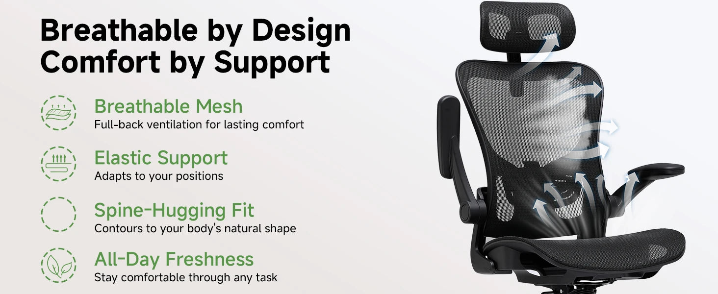 Ergonomische Bureaustoel met Hoofdsteun en Lendensteun – Verstelbare Mesh Office Chair – Gaming & Directiestoel met Armleuningen en Wielen