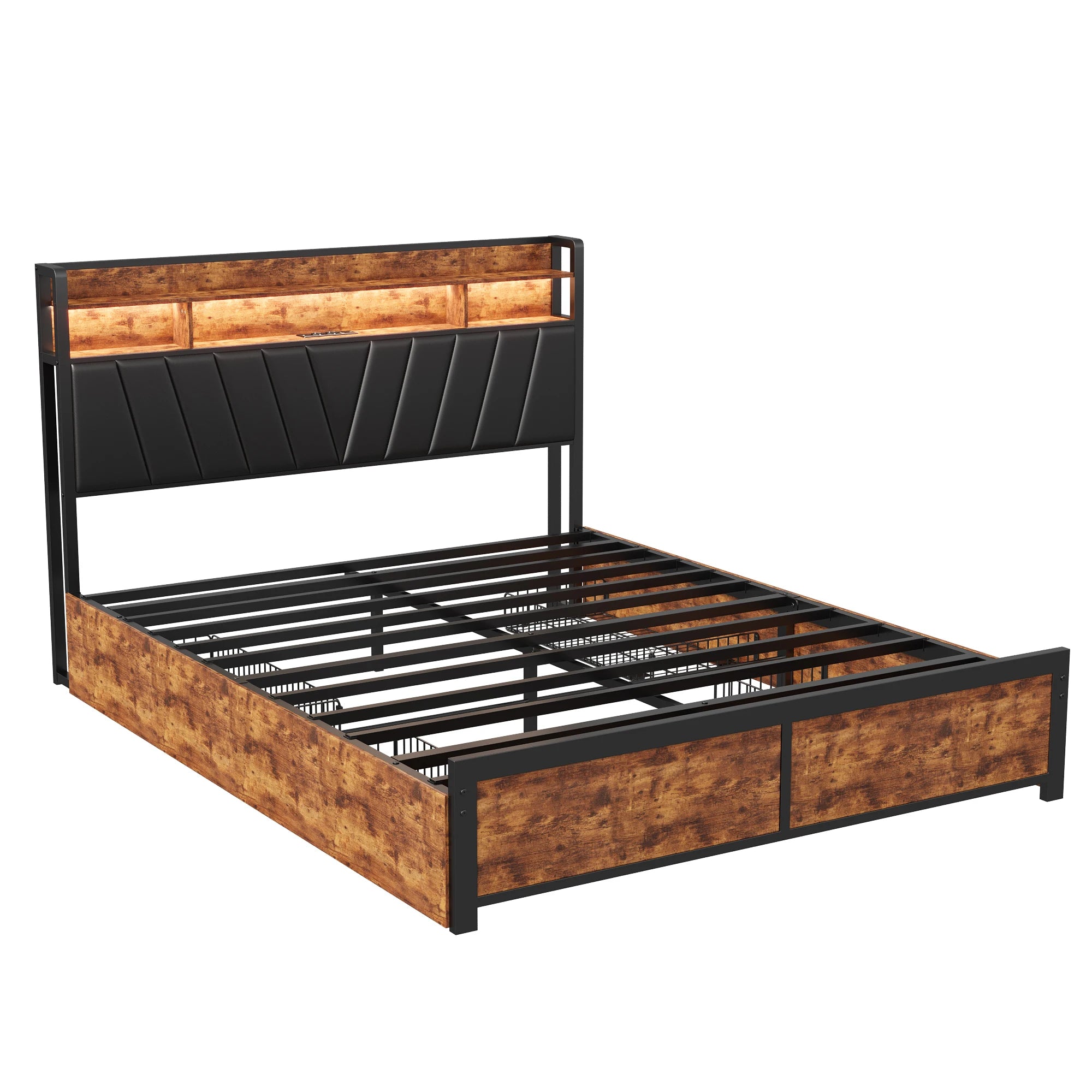 Tweepersoonsbedframe met LED‑verlichting en opbergruimte – 140‑180×200 cm