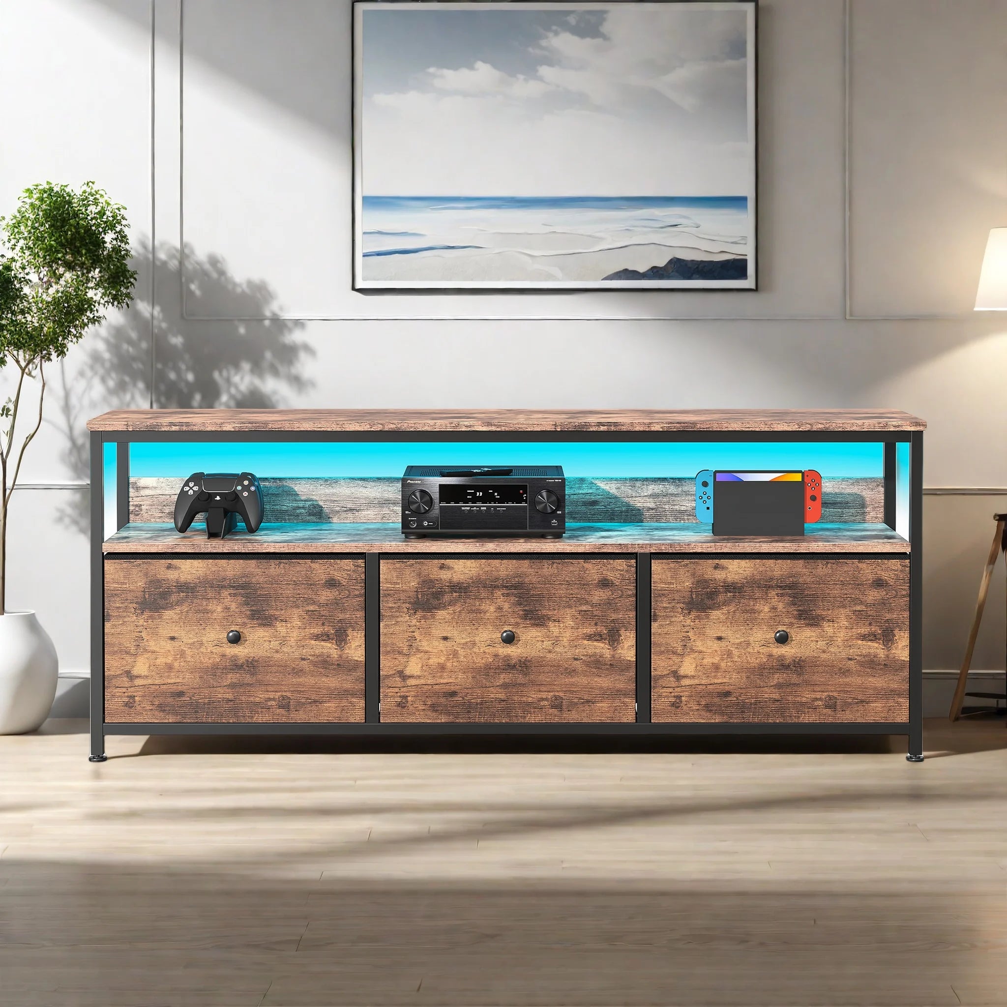 Vintage LED TV‑Meubel met 3 Stoffen Lades – Industrieel & Retro Design
