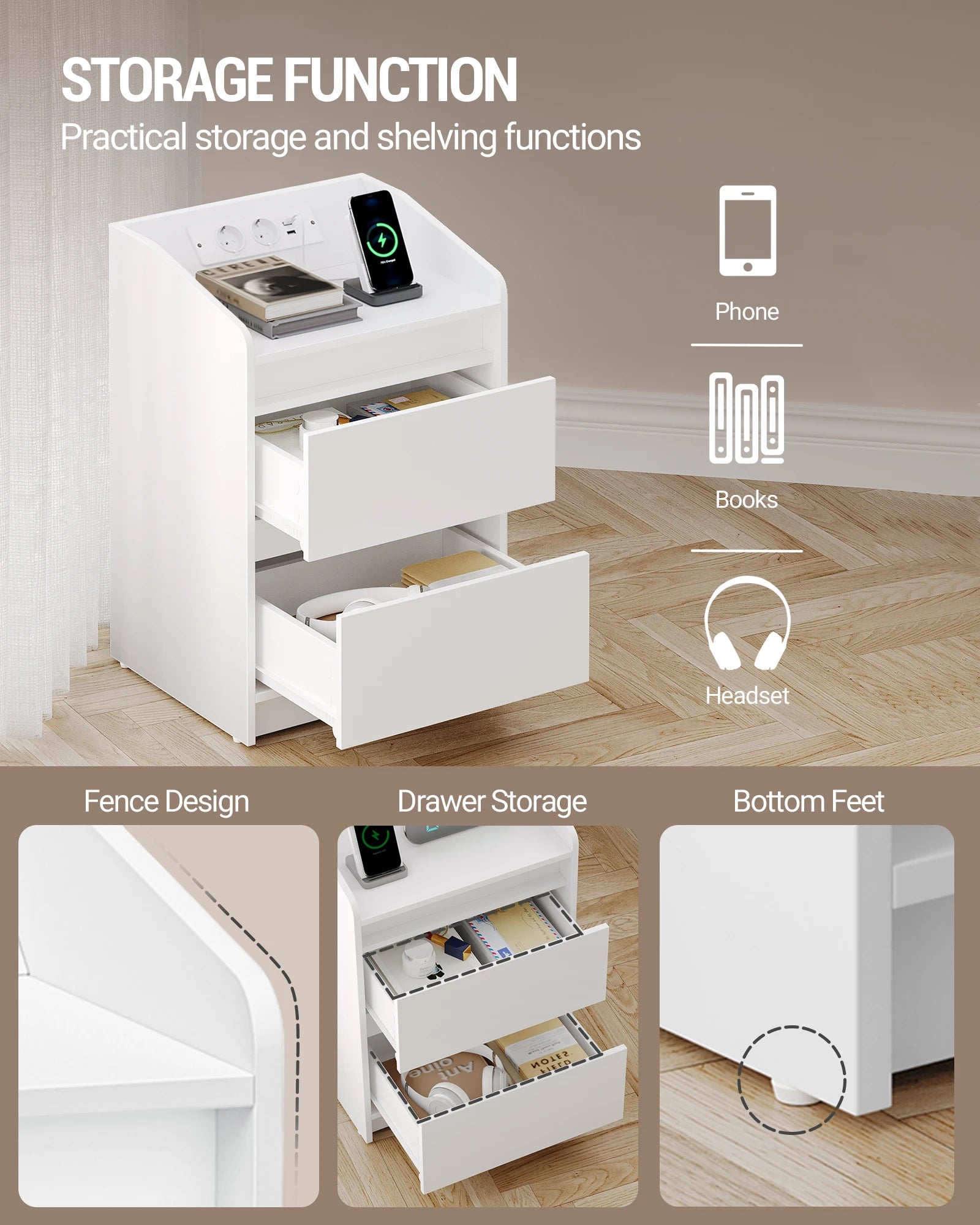 Nachtkastje met LED‑verlichting, Oplaadstation en 2 Lades – Modern Bedside Table