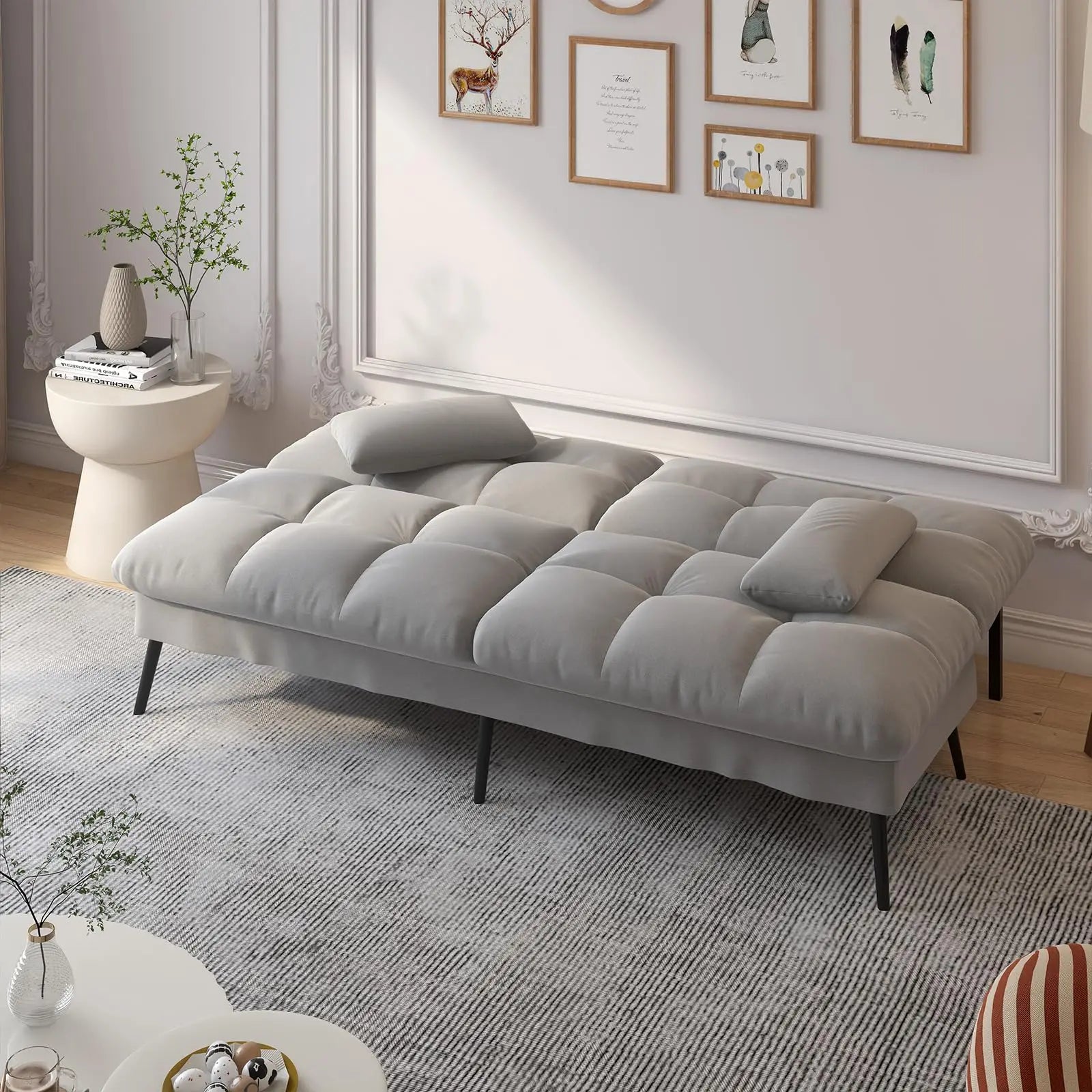 3-Zits Opvouwbare Slaapbank – Futon Hoekbank met Verstelbare Rugleuning – Grijs Stoffen Sofa Bed