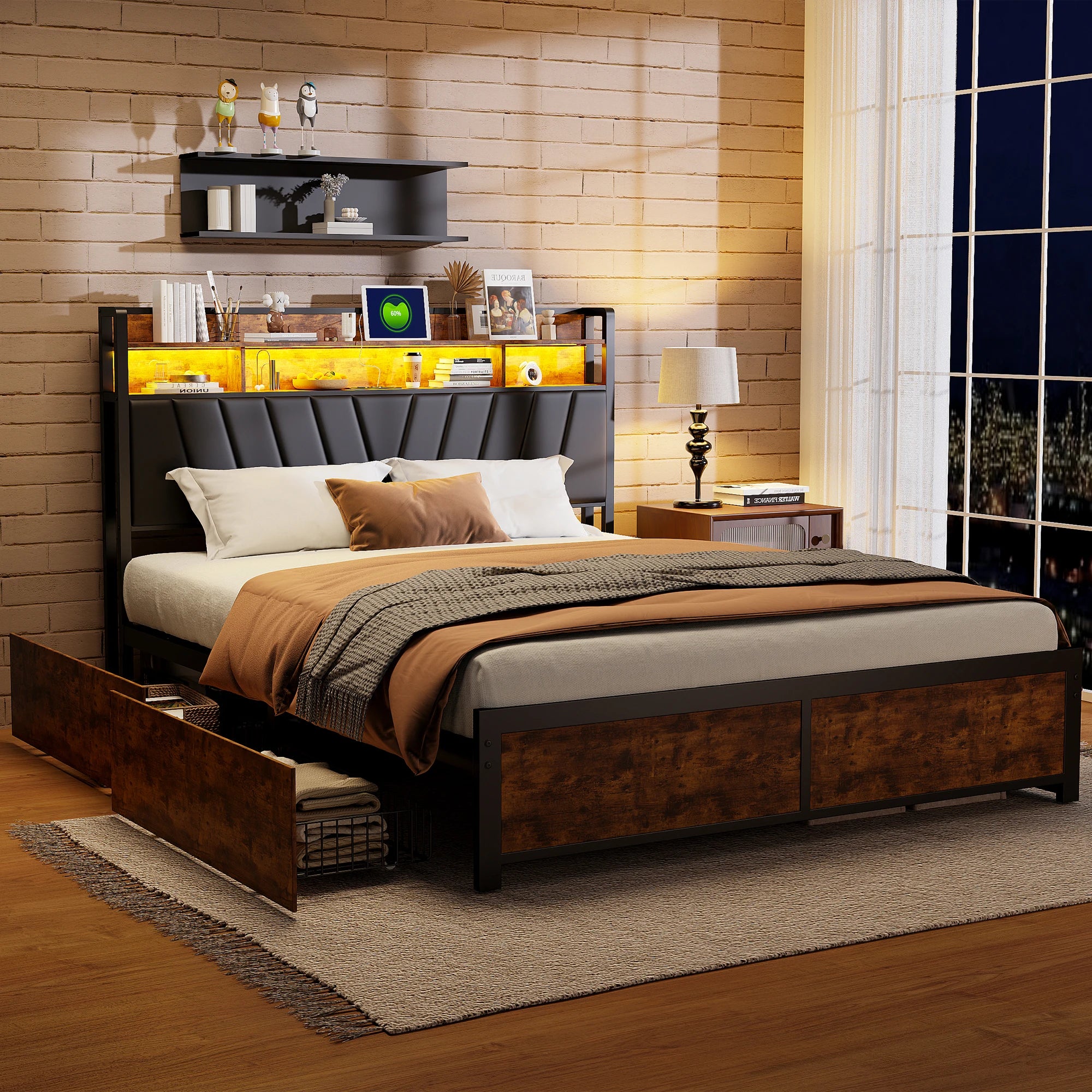 Tweepersoonsbedframe met LED‑verlichting en opbergruimte – 140‑180×200 cm