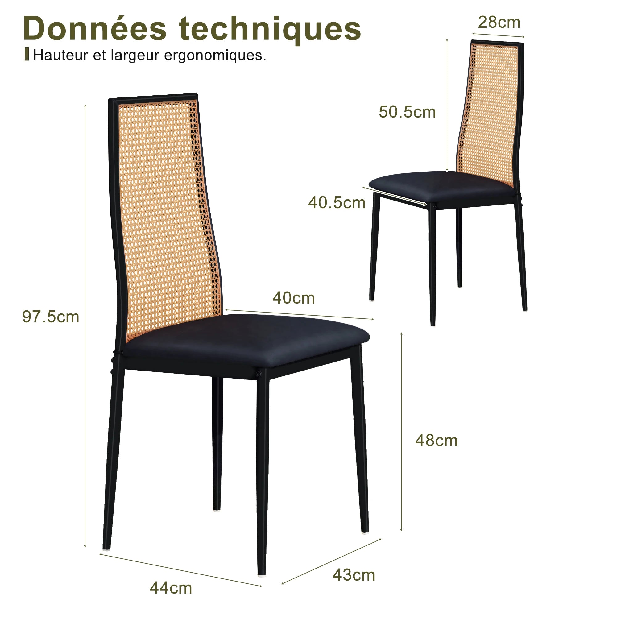 Retro Eetkamerstoelen Set van 2 met Rieten Rugleuning – Comfortabele Gestoffeerde Zitting, Stevig IJzeren Frame, Antislipvoetjes – Voor Keuken, Eetkamer & Terras