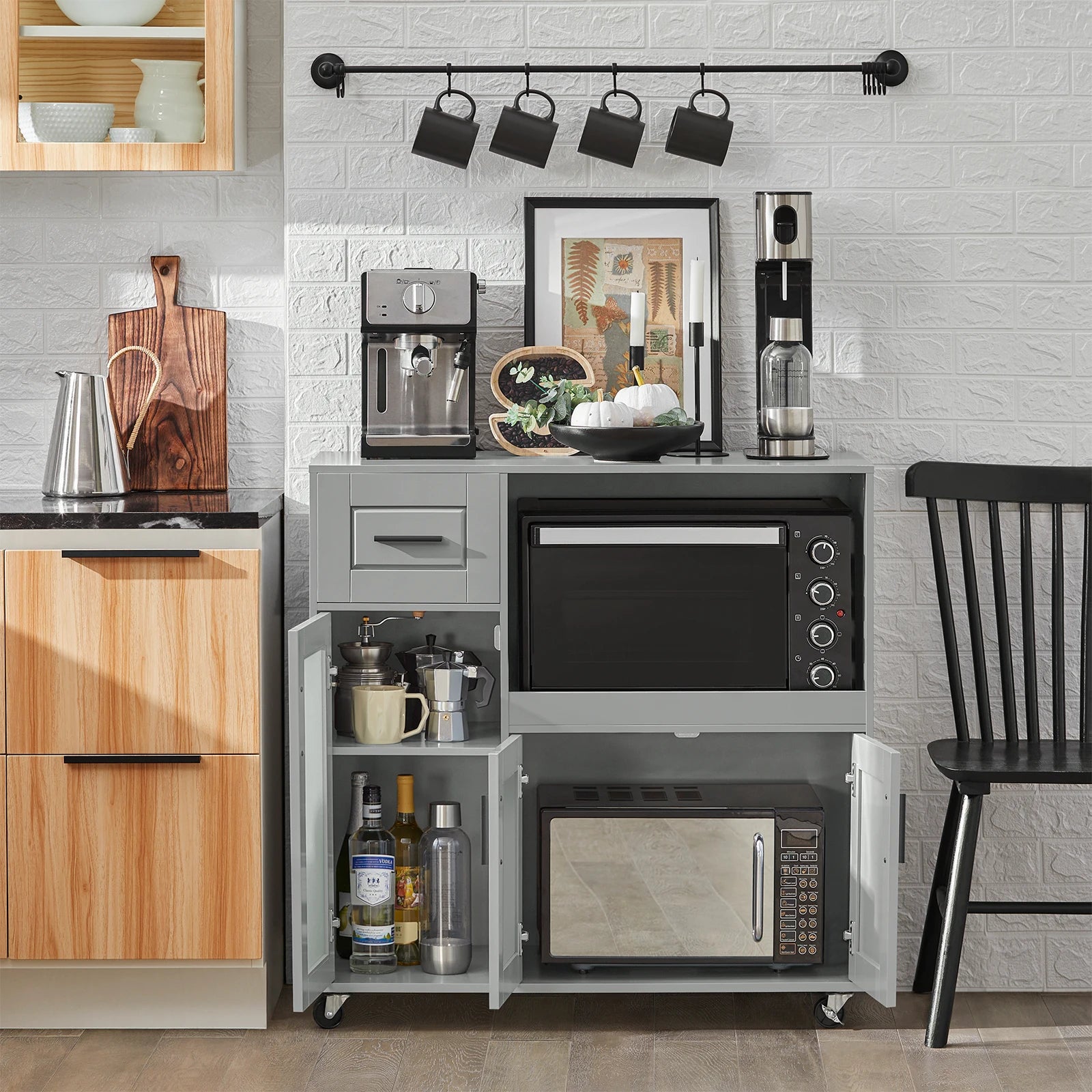 Verplaatsbare Keukentrolley met Wieltjes – Dressoir met Magnetronkast & Lade – Wit MDF Keukenkastje
