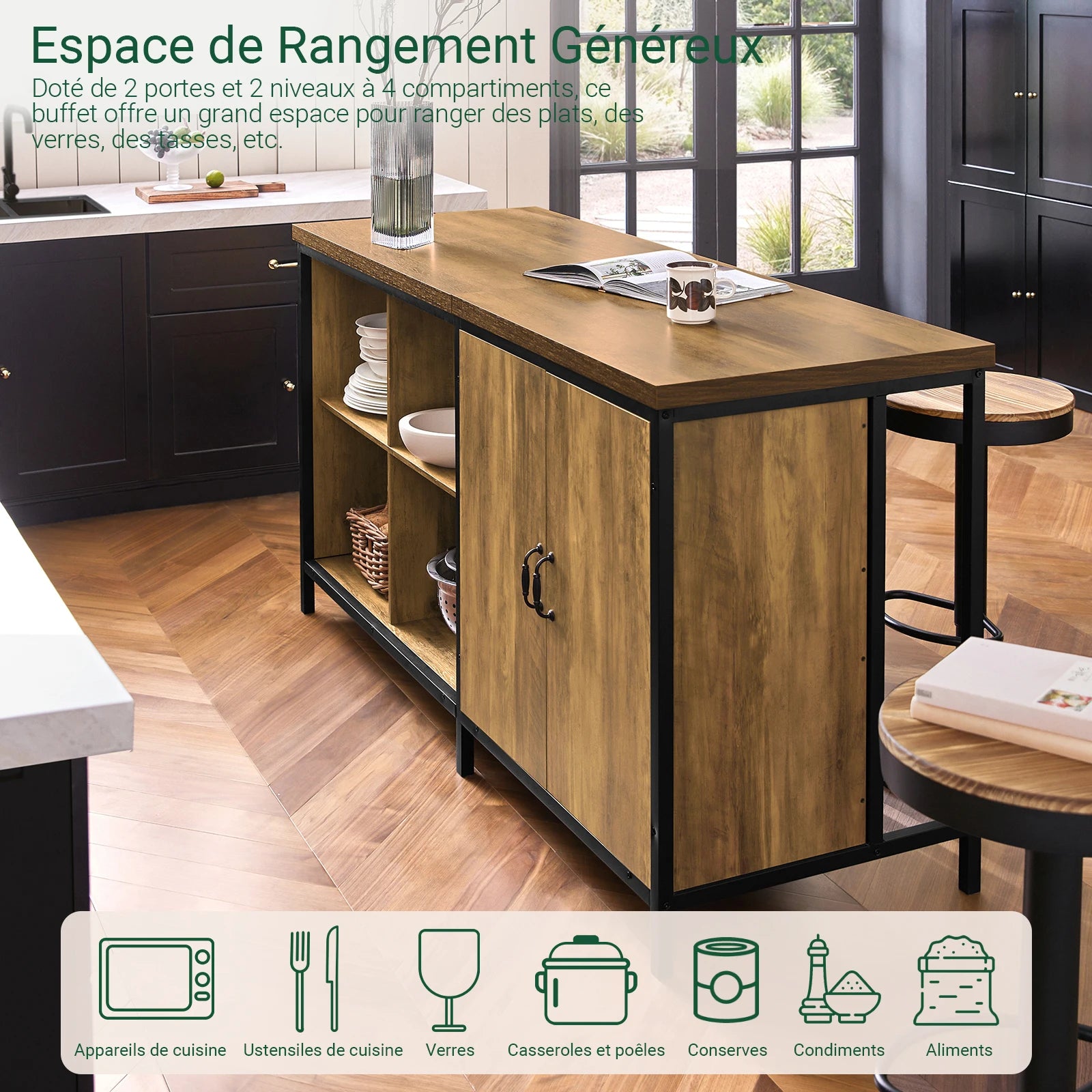 Vrijstaand Industrieel Keukeneiland 170 cm – Dressoir Bartafel met Opbergruimte – Metaal & MDF Bruin